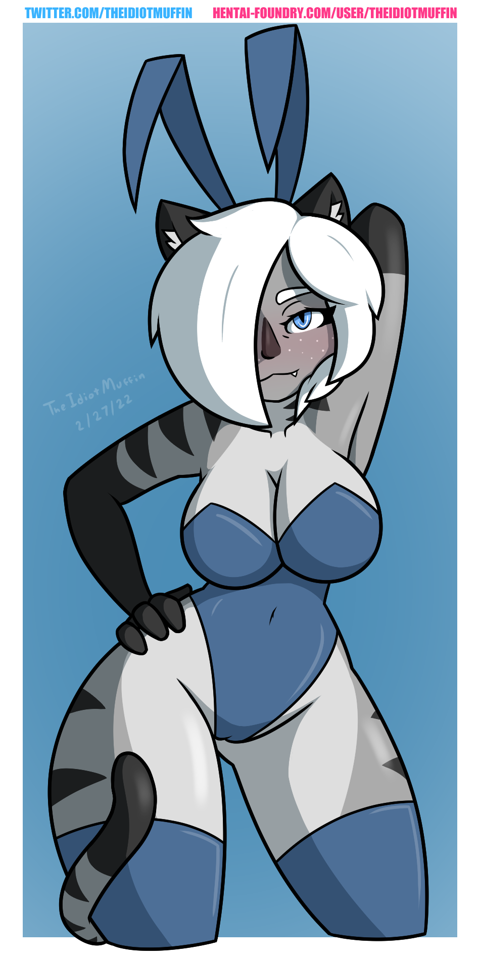 1girls 4_fingers anthro armpit armpits blue_eyes blush bunnysuit cameltoe cat_ears cat_tail feline female grey_fur hair_over_one_eye humanoid looking_at_viewer milf one_eye_obstructed raven_(theidiotmuffin) signature solo stripes text theidiotmuffin thigh_highs tiger url white_hair