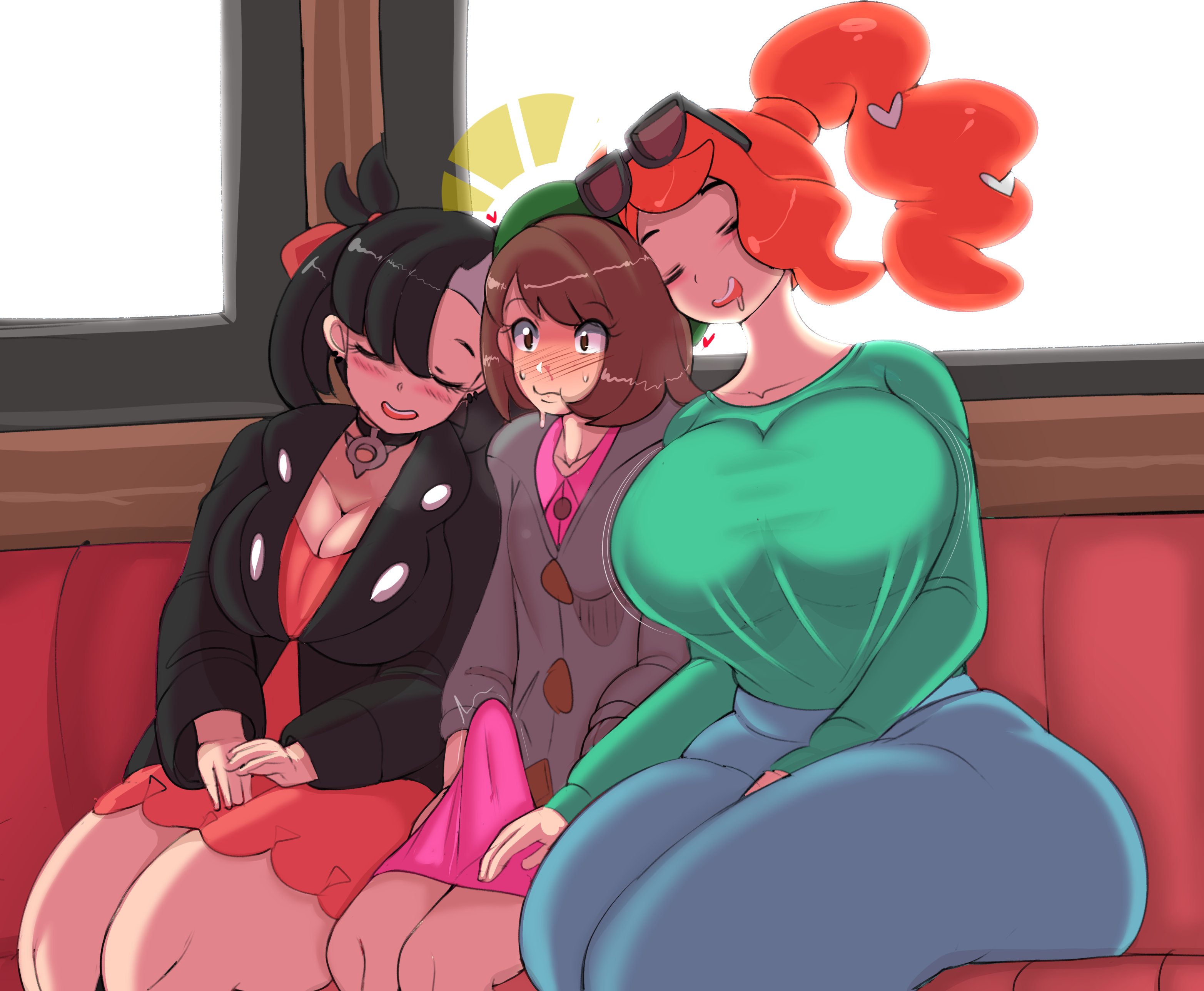 1futa, 2022, 2girls, alternate breast size, big breasts, big penis, black hair, breast size difference, breasts, cleavage, clothed, clothing, dress, erection, erection under clothes, erection under clothing, erection under skirt, female, fladdykin, flustered, fully clothed, futanari, glasses, glasses on head, gloria (pokemon), hair ornament, hat, heart hair ornament, hi res, huge breasts, human, intersex, jeans, large breasts, large penis, light skin, light-skinned female, light-skinned futa, long hair, marnie (pokemon), massive breasts, nintendo, orange hair, pale skin, penis, pokemon, pokemon ss, red head, short dress, side ponytail, small breasts, sonia (pokemon), sweater, twintails