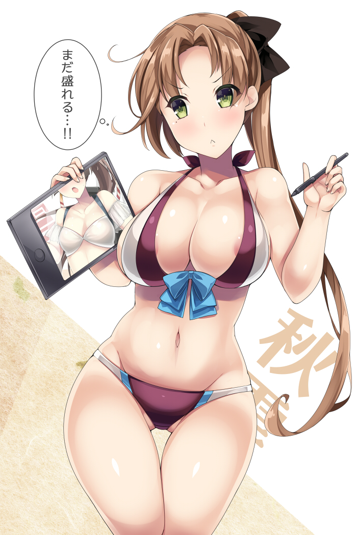 akigumo_(kantai_collection) akikaze_tsumuji alternate_breast_size areola_slip areolae ass_visible_through_thighs bikini black_ribbon blue_bow bow bow_bikini breasts brown_hair drawing_tablet female green_eyes hair_ribbon holding holding_drawing_tablet holding_stylus kantai_collection kazagumo_(kantai_collection) large_breasts long_hair lowleg lowleg_bikini multicolored_bikini multicolored_clothes navel ponytail purple_bikini ribbon stylus swimsuit thigh_gap thought_bubble white_bikini