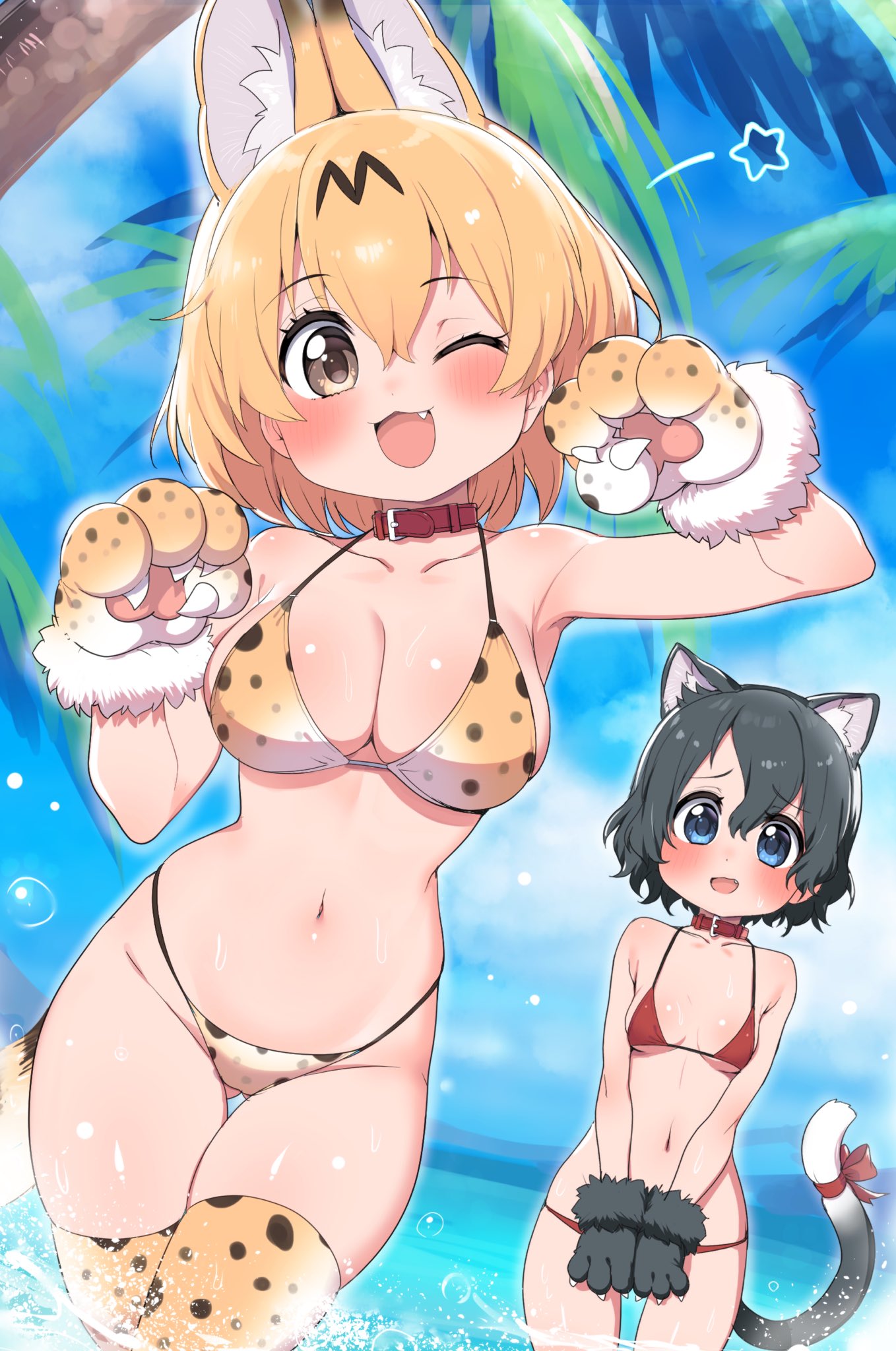 2girls :3 animal_ears animal_hands armpits backpack bag bare_shoulders bikini black_gloves black_hair blonde_hair blue_eyes blush bow cat_day cat_ears cat_girl cat_tail claw_pose collar collarbone covering covering_crotch cowboy_shot cute elbow_gloves extra_ears eyebrows_visible_through_hair female gloves grey_shorts hair_between_eyes highres kaban_(kemono_friends) kemono_friends looking_at_viewer midriff multiple_girls navel ocean oerba_yun_fang one_eye_closed open_mouth palm_tree partially_submerged paw_gloves paw_pose print_gloves print_legwear ransusan red_bikini red_bow red_collar serval_(kemono_friends) serval_print shiny shiny_skin short_hair shorts skindentation sky standing stomach string_bikini swimsuit tail tail_bow tail_ornament thighhighs tree wet yellow_eyes zettai_ryouiki