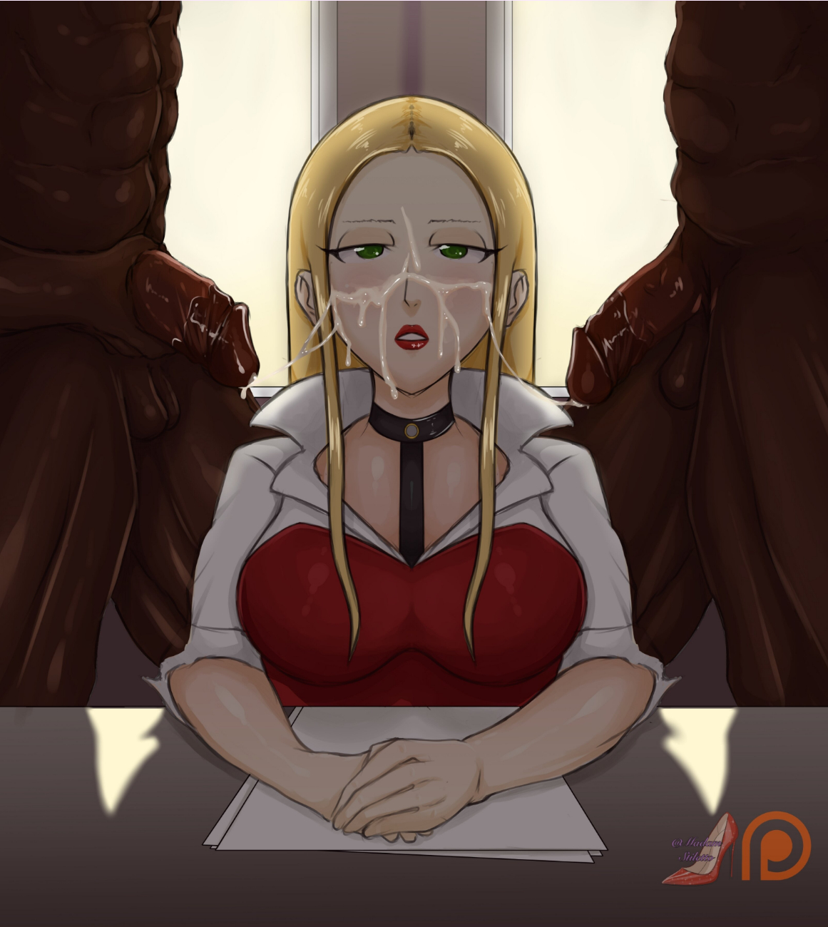 1girls, 2boys, after oral, balls, big penis, blonde hair, breasts, clothed female nude male, cum, cum on face, dark skin, dark-skinned male, female, gangbang, interracial, long hair, madam stiletto, male, nintendo, oleana (pokemon), oral, penis, pokemon, pokemon ss, saliva, saliva trail, testicles