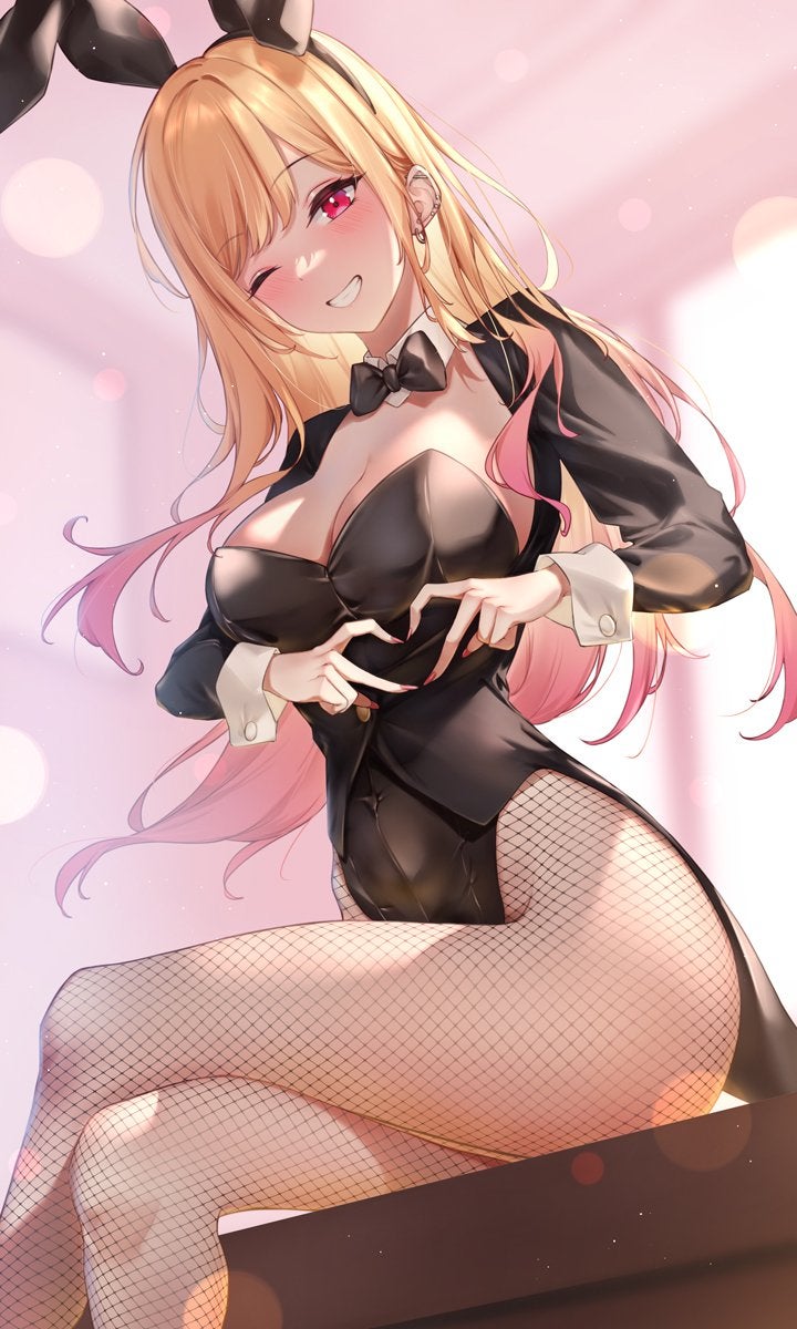 artist_request blonde_hair blush bunny_ears bunny_girl bunnysuit ear_piercing earrings happy heart_sign kitagawa_marin large_breasts long_hair looking_at_viewer one_eye_closed pantyhose pink_eyes pink_nails sono_bisque_doll_wa_koi_wo_suru thighs uncensored