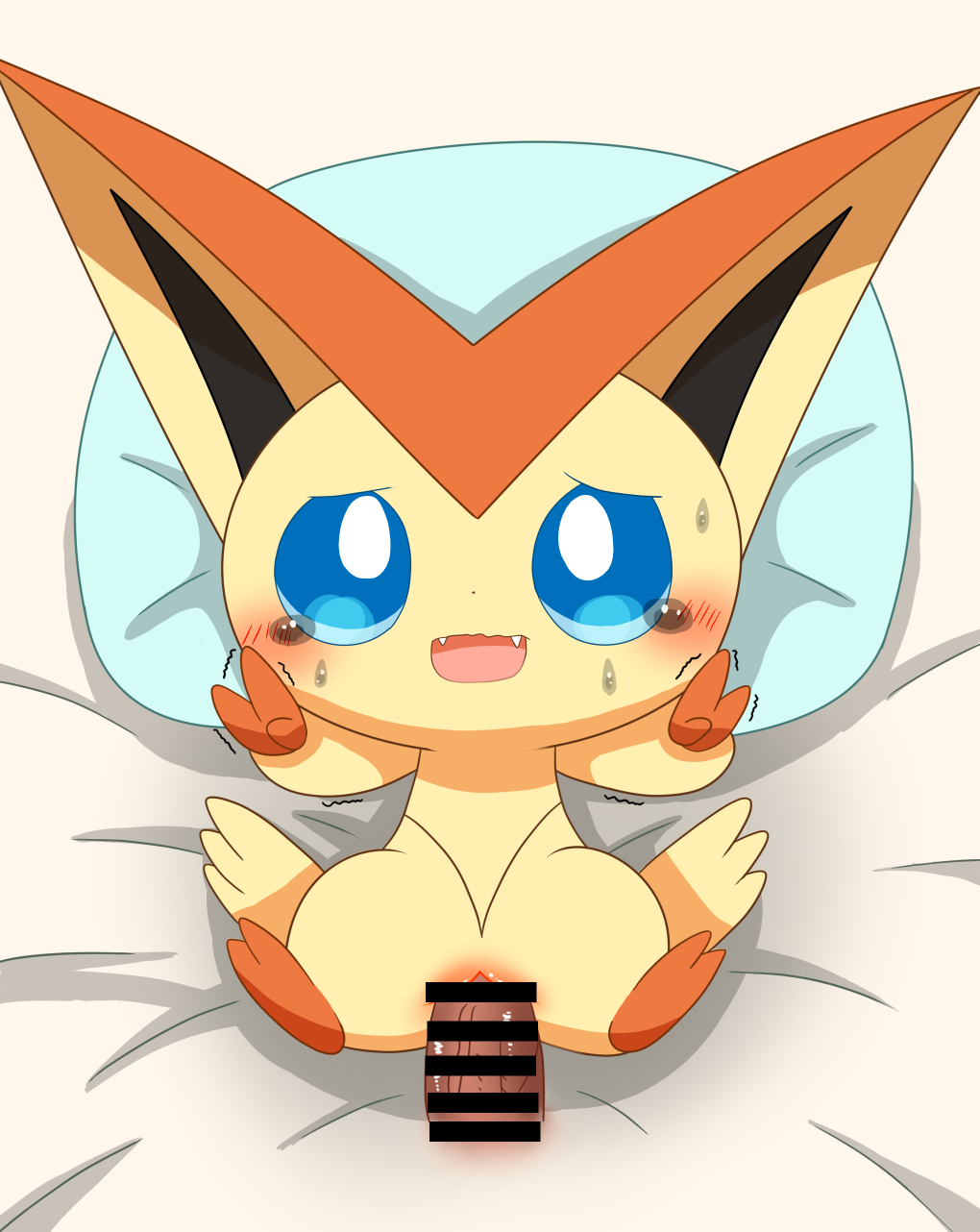 2021 2_toes 3_fingers bed big_ears blue_eyes blue_sclera blush bodily_fluids censored cute_fangs duo fangs feet female fingers furniture genitals gesture harusupu hi_res human legendary_pokémon male male/female mammal nintendo open_mouth penetration penis pokémon_(species) pokemon pokemon_only pussy sex tears toes tongue v_sign vaginal_penetration victini video_games wings