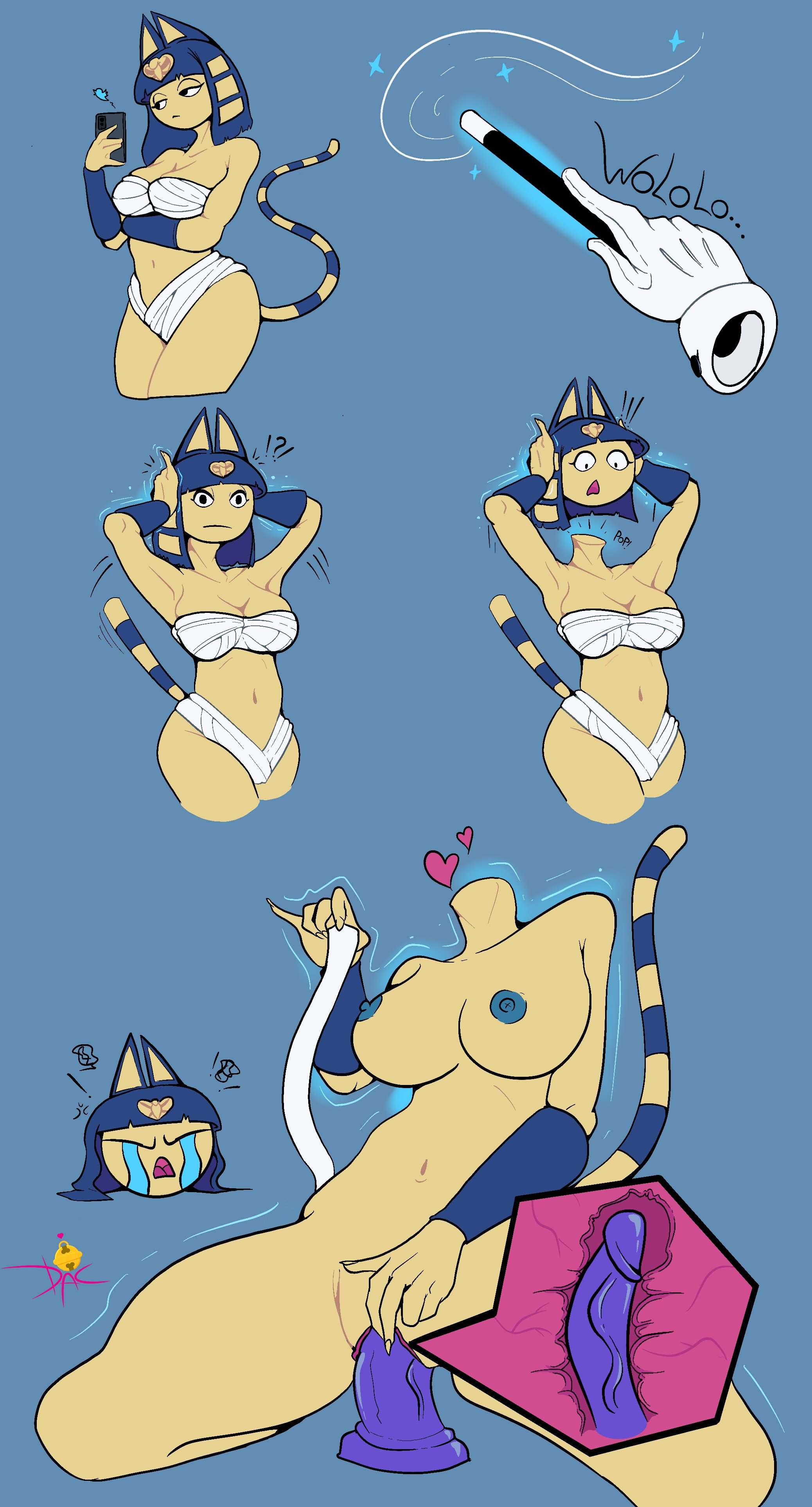 animal crossing, ankha, anthro, bandages, blue hair, body horror, breasts, cellphone, crying, dacheese404, dildo, disembodied hand, disembodied head, dullahan, erect nipples, feline, female, furry, large breasts, magic, nintendo, nipples, pussy, short hair, solo, vaginal penetration, yellow fur
