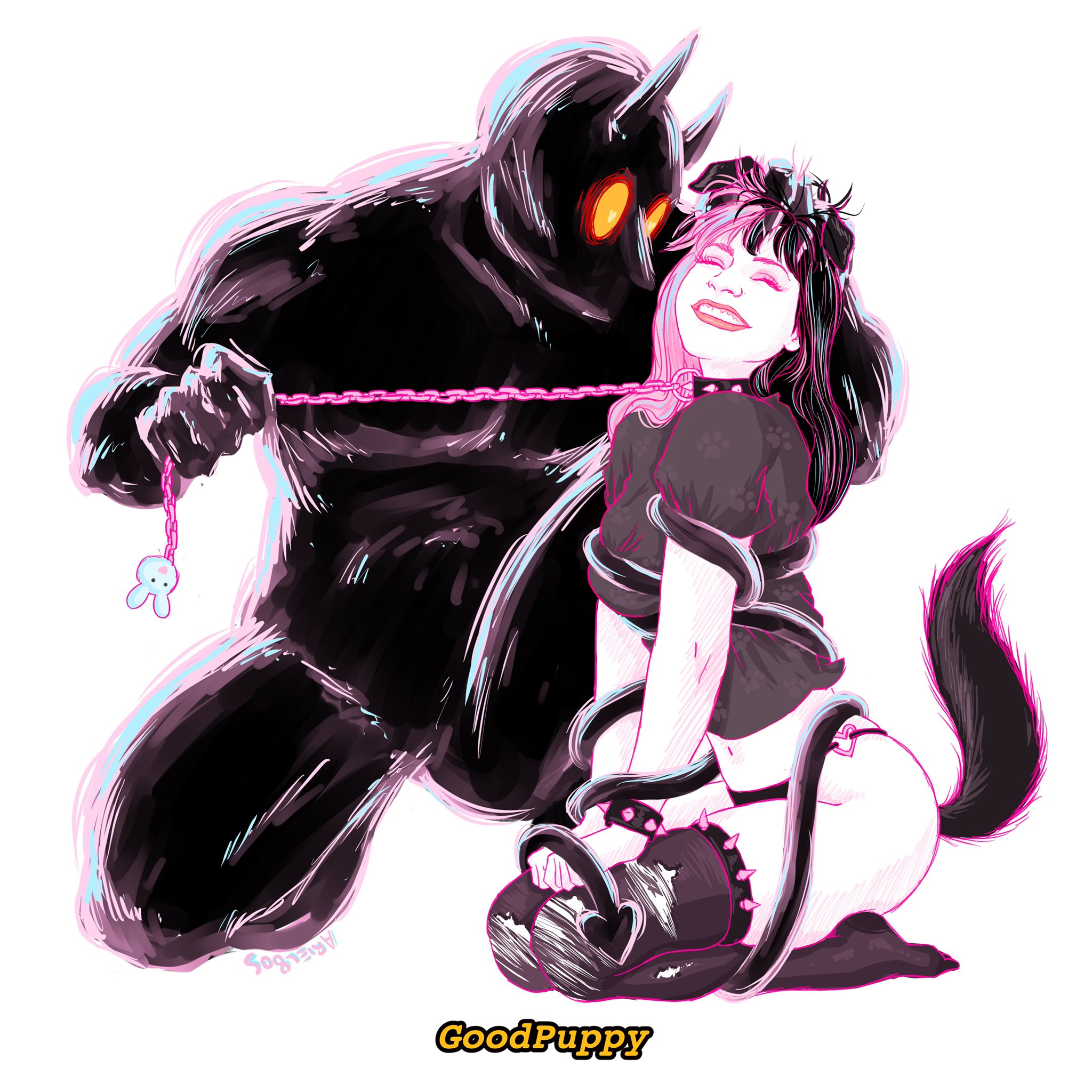 1boy, 1girls, anal, anal plug, anal training, ariel80s, ass, belly button, black hair, black panties, black shirt, black stockings, buttplug, buttplug tail, chain leash, chained, chains, creepy, crop top, curvy, curvy body, curvy female, curvy figure, curvy hips, cute, dd (ariel80s), demon, demon boy, demon horns, demon tail, dialogue, dog ears, dog girl, dog tail, dominant, dominant male, egirl, eyelashes, female, femsub, happy, happy female, happy sub, head grab, head pat, heart, heart panties, heart shaped tail, heart-shaped pupils, horn, horns, kneeling, leash, leash and collar, leash pull, long hair, male, maledom, midriff, muscular, muscular male, no pants, panties, petite, petplay, petting, petting head, pink hair, pink lips, pink lipstick, praise, puppyplay, ripped clothing, ripped thighhighs, roleplay, shirt, sitting, sitting on floor, smile, smiling, socks, spiked bracelet, spiked collar, spikes, stockings, submissive female, tail, tail bondage, text, thigh highs, thighhighs, thighs, torn clothes, torn clothing, torn legwear, torn socks, torn stockings, torn thighhighs, two-tone hair, voluptuous, yellow eyes