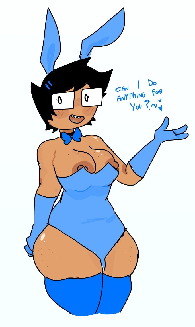 1girls big_breasts black_hair bowtie breasts bunny_ears bunny_girl bunnysuit dark-skinned_female dark_skin dialogue errorplush freckles glasses gloves heart homestuck homestuck^2 human june_egbert looking_at_viewer ms_paint_adventures nipple_slip nipples open_mouth rule_63 short_hair solo solo_female solo_focus spoken_heart stockings text thick_thighs white_background