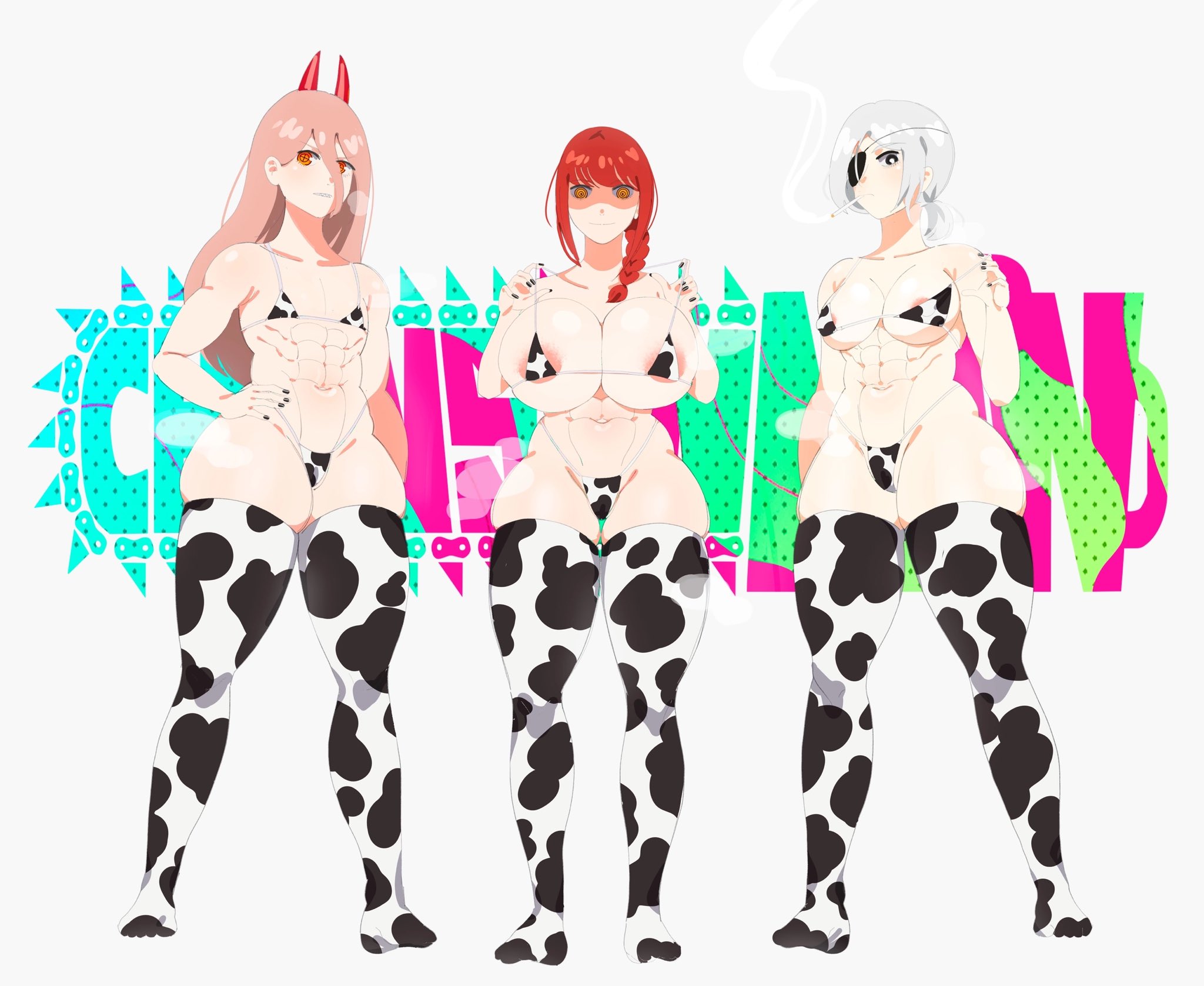 3girls, big breasts, braided hair, breasts, chainsaw man, cigarette, cow bikini, cow print, demon, demon girl, eyepatch, female, female only, horns, huge breasts, long hair, makima (chainsaw man), mawiedz, pink hair, power (chainsaw man), quanxi (chainsaw man), red hair, standing, thick thighs, thighhighs, thighs, thong, white hair, wide hips