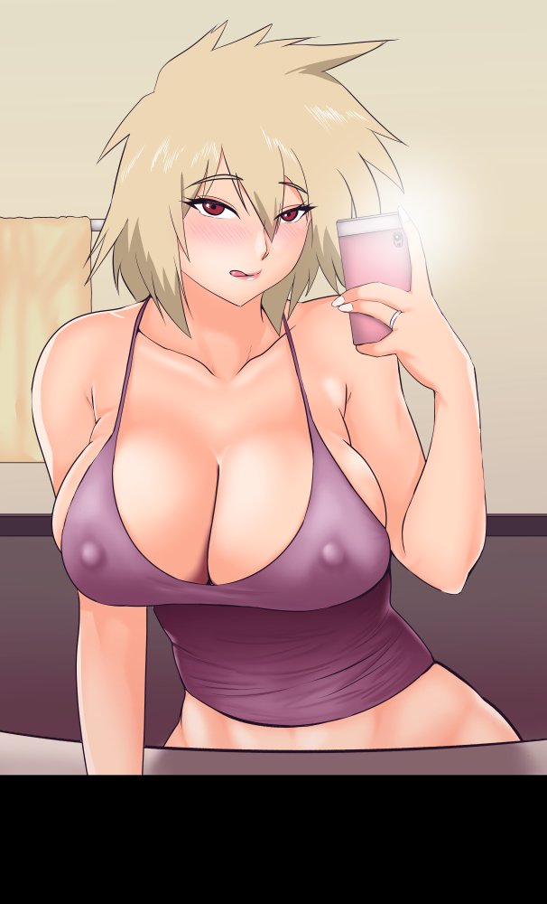 1girls, about to burst, barely contained, barely contained breasts, barely fits, big breasts, blonde hair, blush, breasts, breasts too big, bursting breasts, donaora889, female, female only, imminent wardrobe malfunction, inconvenient boobs, inconvenient breasts, mature female, milf, mitsuki bakugou, mother, my hero academia, nipples, overflowing breasts, phone, purple topwear, red eyes, selfie, solo, solo focus, taking picture, tight fit, tongue, tongue out, too tight, undersized clothes, undersized clothing