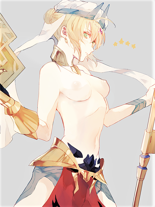 artoria_pendragon_(fate) blonde_hair blush breasts cleavage cosplay earrings fate/grand_order fate_(series) female genderbent gilgamesh_(caster)_(fate) gilgamesh_(caster)_(fate)_(cosplay) gilgamesh_(fate) jewelry koto_hara medium_breasts midriff open_clothes saber short_hair solo topless