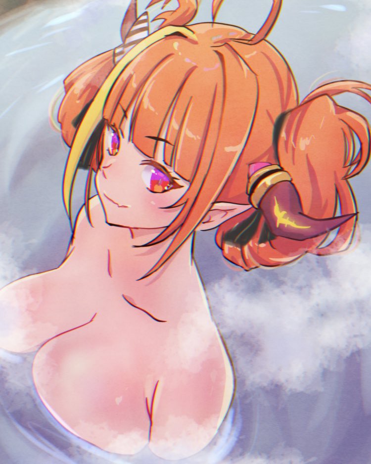 1girls 2021 ahoge bangs bare_shoulders big_breasts black_ribbon blonde_hair blunt_bangs blush blushing breasts busty cleavage closed_mouth closed_smile collarbone color colored double_bun dragon_girl dragon_horns elf_ears eyebrows_visible_through_hair fang female female_focus female_only female_solo from_above from_side hair_intakes hair_ribbon hair_up high-angle_view holoforce hololive hololive_japan horns kiryu_coco kyou_fumei large_breasts light-skinned light-skinned_female light_skin looking_at_viewer looking_to_the_side mouth_closed mouth_fang multicolored_eyes multicolored_hair naked naked_female nude nude_female onsen orange_hair partially_submerged pointy_ears purple_eyes red_eyes ribbon sidelocks sideways_glance skin_fang smile smiling smiling_at_viewer solo solo_focus steam streaked_hair tied_hair twintails upper_body virtual_youtuber water water_censor youtuber