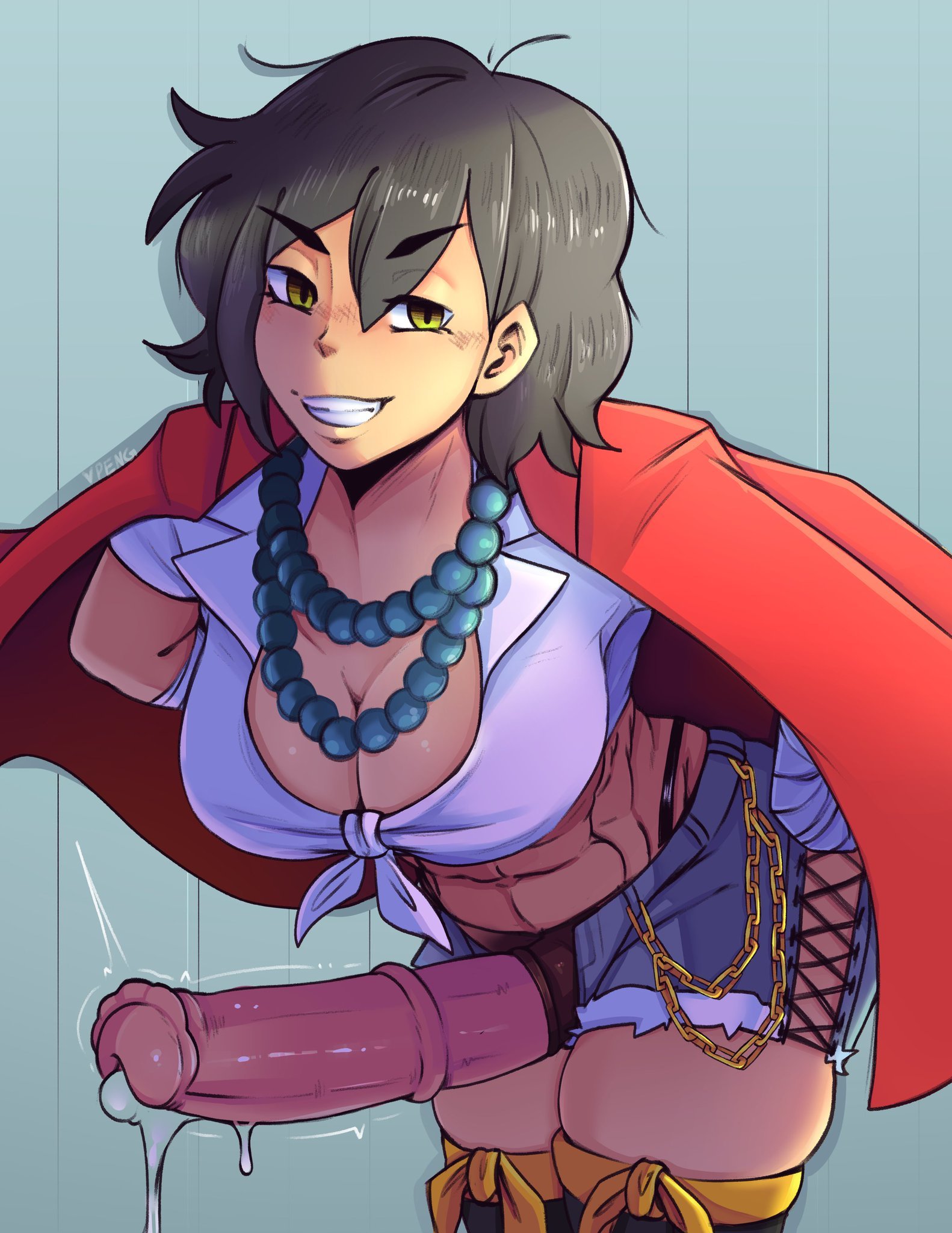1futa, 2020, abs, absolute territory, animal genitalia, bent over, black hair, breasts, clothed, clothing, erection, fully clothed, futa only, futanari, horsecock, huge cock, human, human with animal genitalia, human with horsecock, intersex, leaning, leaning forward, light skin, looking at viewer, midriff, necklace, pale skin, pengudraws, penis, penis out, precum, precum drip, short hair, shorts, smile, solo, standing, yellow eyes