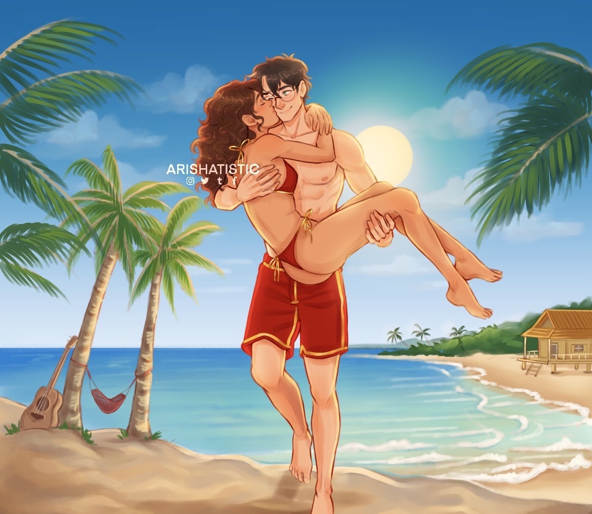 1boy, 1girls, arishatistic, ass, beach, bikini, bikini bottom, bikini top, carrying partner, fanart, female, gryffindor, harry and hermione, harry james potter, harry potter, hermione granger, male, male nipples, nipples, outside, shirtless male, straight, swimming trunks, teenage couple, wholesome, witch (harry potter)