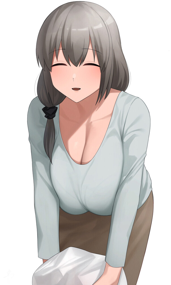 breasts, closed eyes, female, huge breasts, milf, silver hair, solo, solo female, tagme, uzaki tsuki, uzaki-chan wa asobitai!
