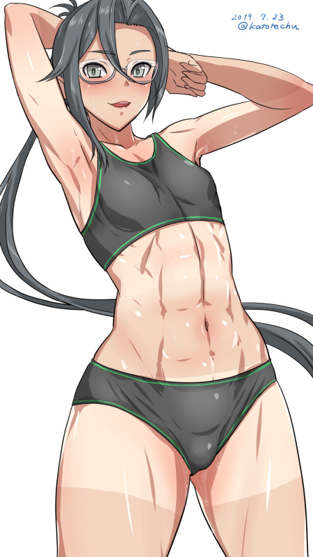 :d abs amagiri_(kantai_collection) armpits arms_behind_head asymmetrical_bangs bangs blush breasts dated female flat_chest glasses gloves grey_eyes grey_hair grey_panties kantai_collection katou_techu looking_at_viewer midriff navel open_mouth panties ponytail semi-rimless_eyewear smile solo sports_bikini sports_bra sweat tan tanlines twitter_username underwear white_background