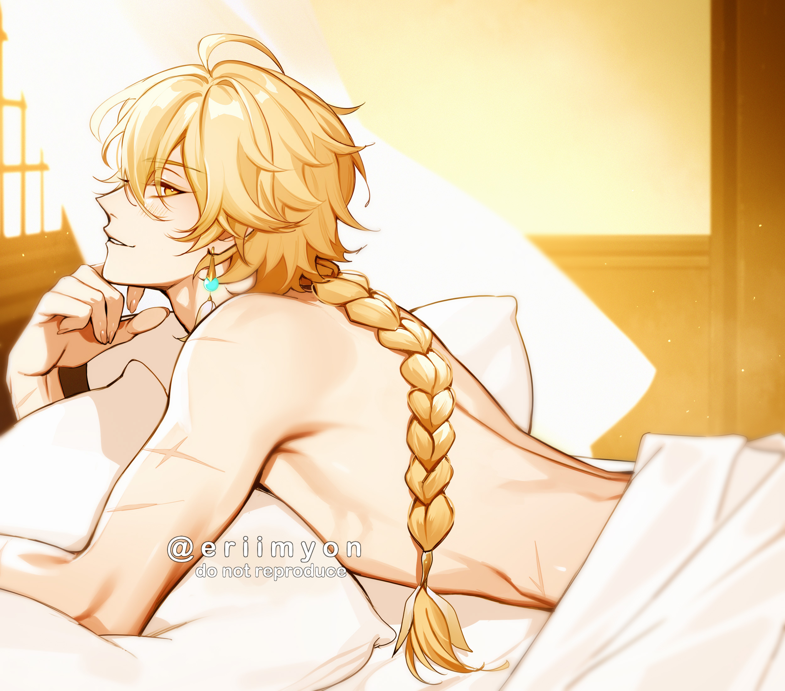 1boy, aether (genshin impact), eriimyon, genshin impact, in bed, male, male only, sheets, solo male