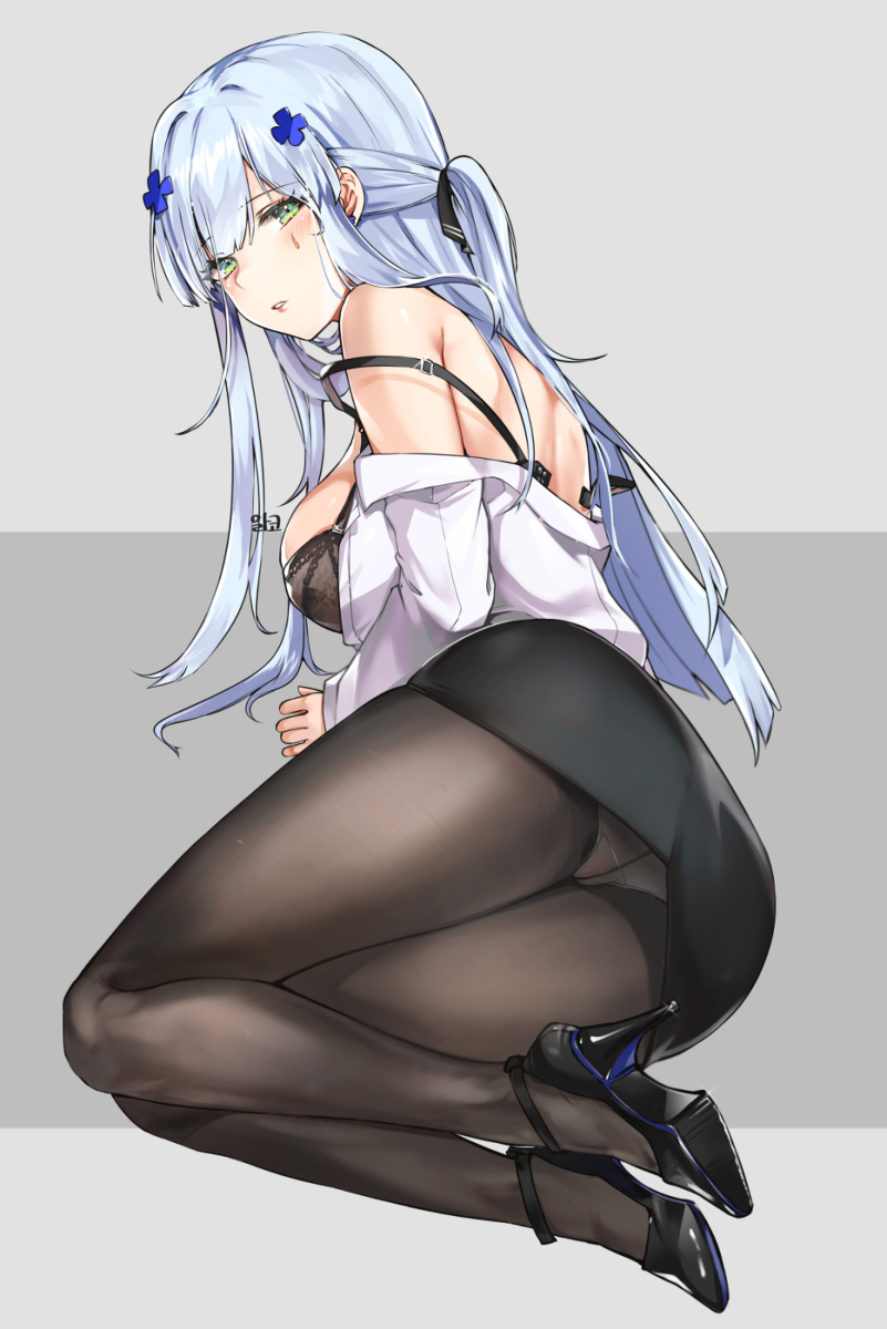 1girls, 2d, alracoco, black bra, black legwear, black panties, bra, female, girls' frontline, green eyes, heels, hk416 (girls' frontline), long hair, panties, pantyhose, simple background, skirt, skirt lift, solo, white hair