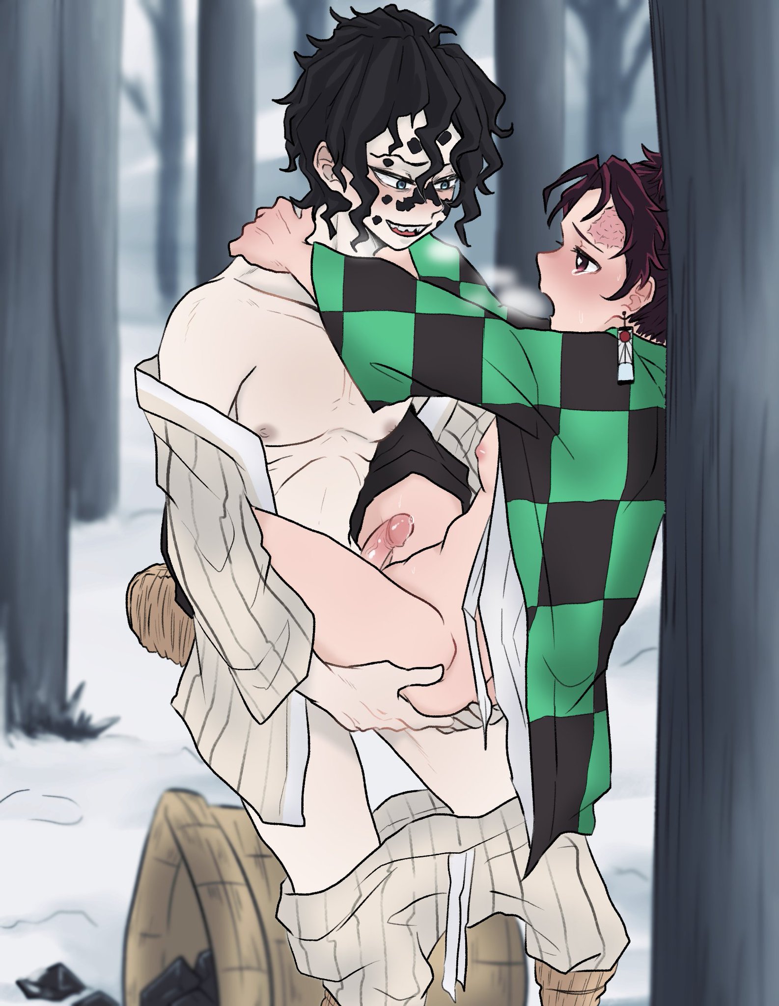 2boys, against tree, anal, anal sex, black hair, blush, breath, carrying partner, demon slayer, erection, facial markings, facial scar, gay, gyutaro, haori, implied anal, kamado tanjirou, kimetsu no yaiba, light skin, light-skinned male, male, male only, mintmaru24, open clothes, outdoor sex, outside, pale skin, pale-skinned male, pants down, penis, smile, uncensored, winter, yaoi