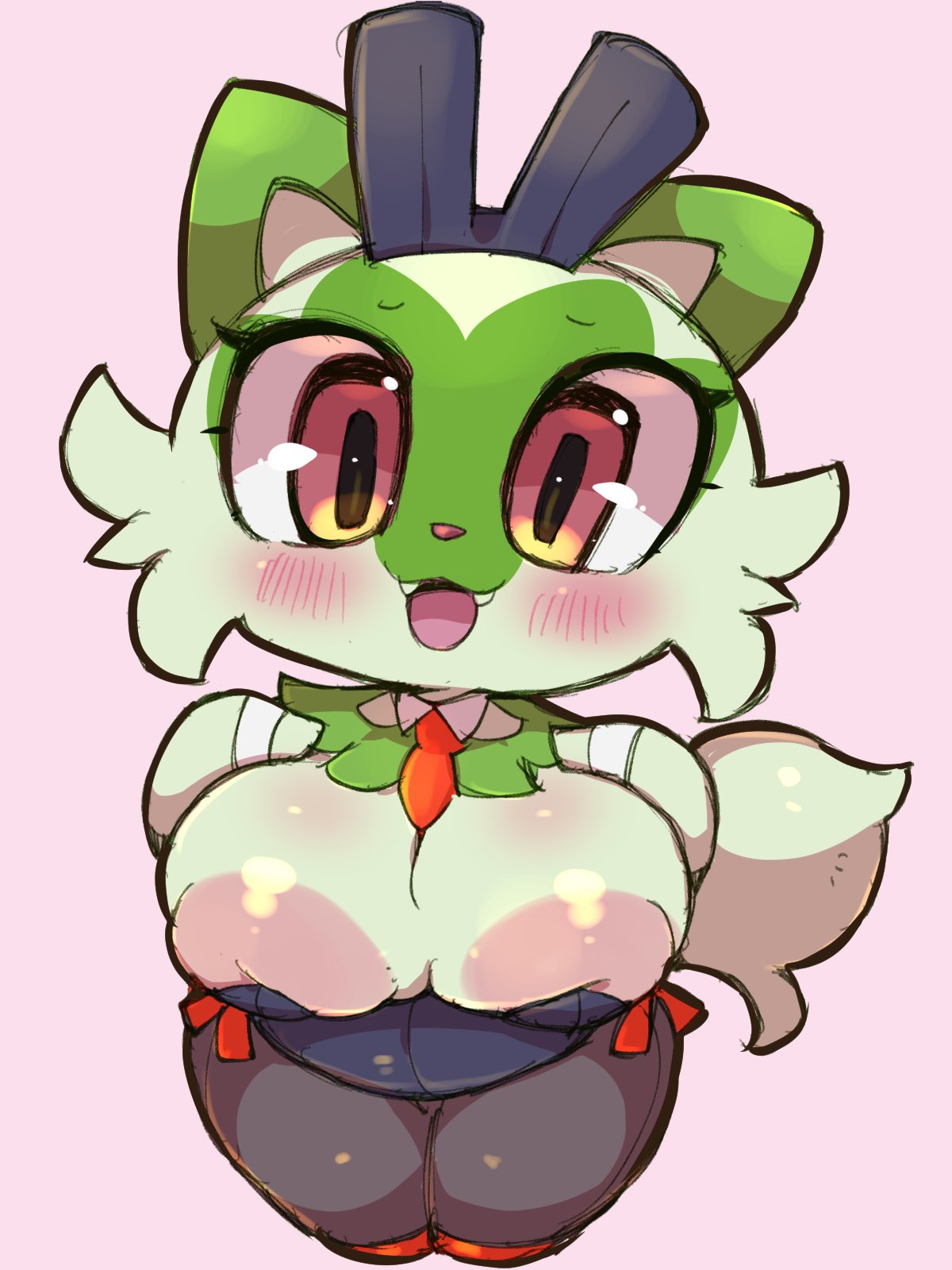 2022 adorable anthro blush breasts bunny_ears bunnysuit chubby clothed clothing cute cute_fang feline female fur furry furry_only game_freak green_fur huge_areolae muffin_top nekoyuu nintendo pink_background pokémon_(species) pokemon pokemon_sv red_eyes shortstack sprigatito tail thick_thighs