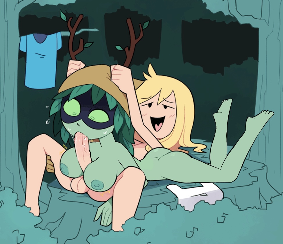 1boy 1girls adventure_time antler_grab blonde_hair blowjob bra breasts cloak clothed clothing edit fellatio female femboy femboy_on_female femboydom finn_the_human grab green green_eyes hair horn huntress_wizard laying looking_down male miscon nipples nude_female on open_mouth oral oral_penetration oral_sex otoko_no_ko paizuri penis skin small_but_hung stomach straight straight_sex titjob