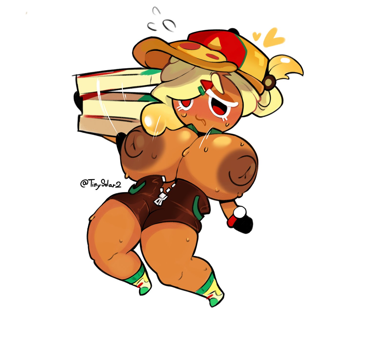 <3, areolae, big breasts, breasts, breasts out, cookie run, exposed breasts, female, hat, heart, hyper, hyper breasts, nipples, partially clothed, pizza, pizza box, pizza cookie, pizza delivery, simple background, sweat, tagme, tan body, thick thighs, tinysolar, wardrobe malfunction, white background, yellow hair