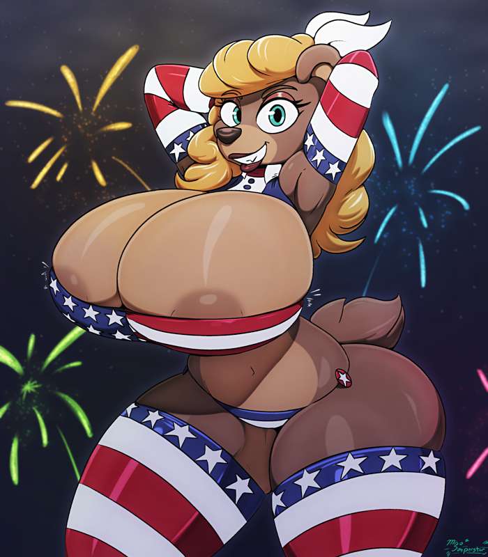 1girls 4th_of_july american_flag american_flag_armwear american_flag_bikini american_flag_legwear bear big_breasts blonde_hair brown_body brown_fur brown_nipples butt female female_only fireworks flag_bikini fur green_eyes hands_behind_head huge_breasts leggings long_hair looking_at_viewer mammal miso_souperstar night nipples original_character sky smile solo standing stockings swimwear thick_thighs ursid ursine voluptuous wide_hips