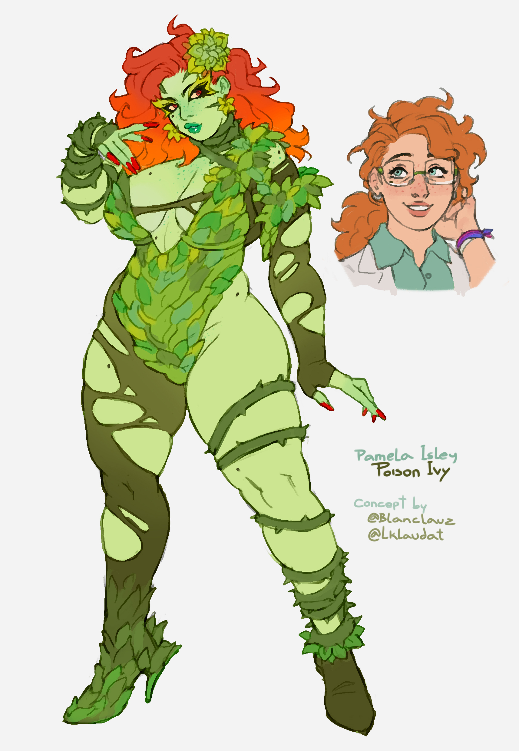 1girls, 2d, batman (series), before and after, bisexual pride colors, blanclauz, breasts, dc, dc comics, eyelashes, eyewear, female, female only, flower, glasses, gradient, green skin, green-skinned female, hair flower, high heels, large breasts, leaf, nerd, nerdy female, orange hair, pamela isley, poison ivy, red eyes, redesign, solo, solo female, standing, thorns, torn clothes, transformation, vines, voluptuous, voluptuous female, yellow sclera