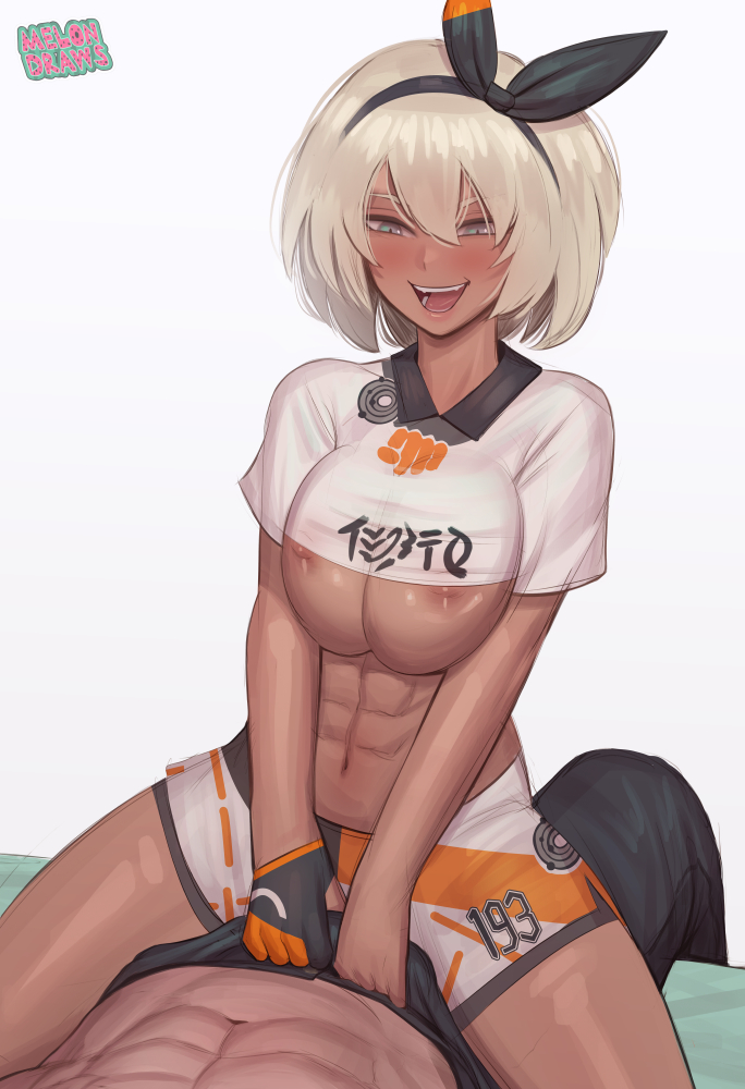 1boy, 1girls, abs, areolae, bdone, bea (pokemon), blush, breasts, clothed female, dark skin, dark-skinned female, female, female on top, gloves, grey eyes, grey hair, hair ribbon, happy, male, melondraws, muscular, muscular female, muscular male, nintendo, nipples, nipples visible through clothing, pants, pokemon, pokemon ss, short hair, shorts, thick thighs, thighs