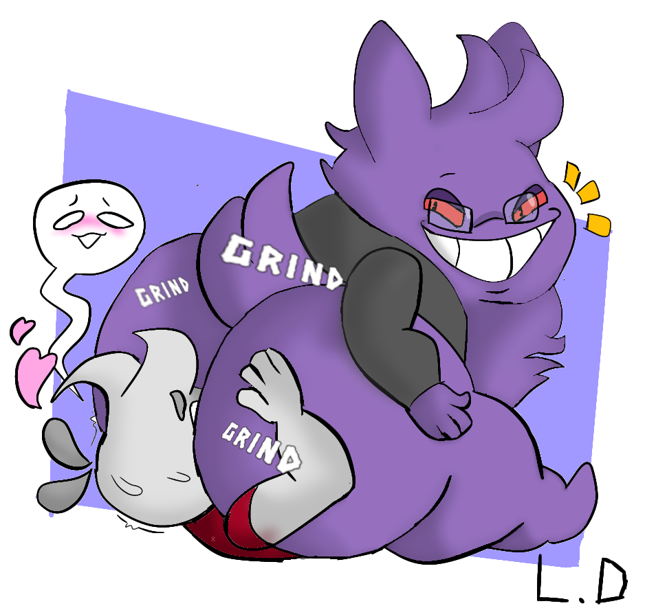 anthro ass big_butt black_clothing black_jacket black_topwear clothing duo facesitting gengar grey_body hair heart huge_butt human jacket lewd_die male male/male male_only mammal nintendo pokémon_(species) pokemon purple_body purple_hair topwear video_games