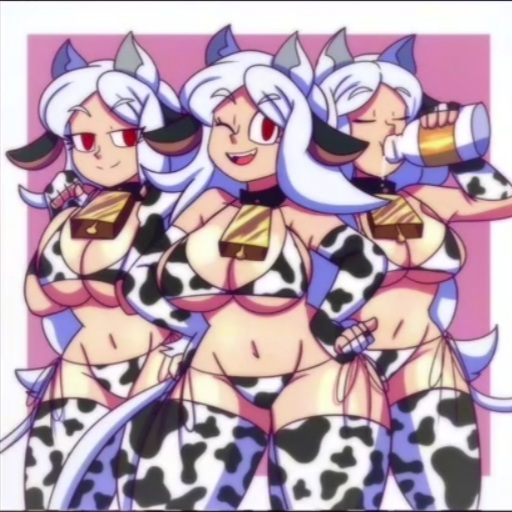 3girls, ass, big ass, big breasts, breasts, cerberus (helltaker), cow ears, cow horns, cow print, cow tail, cowbell, cowgirl, drinking milk, female, helltaker, lueduar, lueduartv, milk, multiple girls, red eyes, sharp teeth, tagme (artist), thick ass, thick thighs, white hair