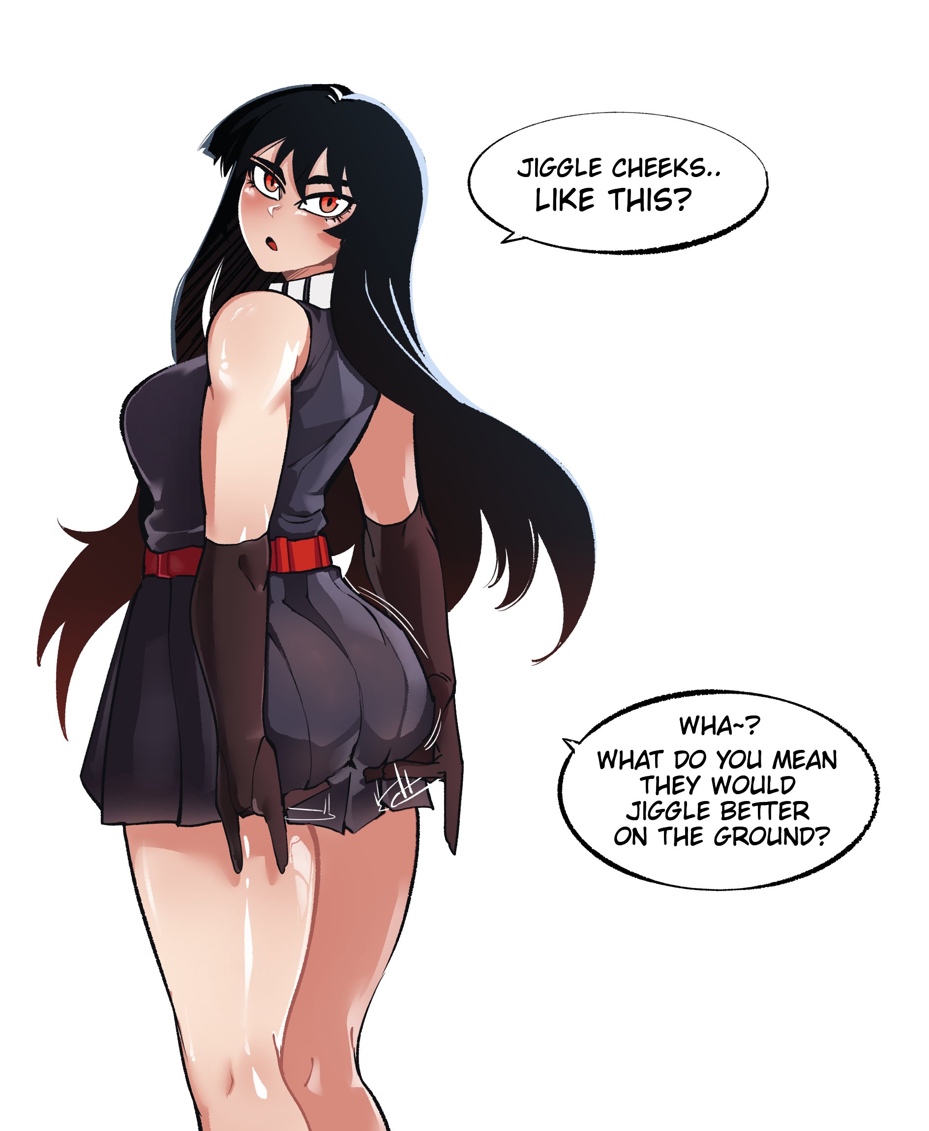 1girls, 2022, 2d, 2d (artwork), akame (akame ga kill!), akame ga kill!, ass, ass focus, ass in dress, assassin, big ass, big butt, black hair, breasts, clothed, clothed female, clueless, clueless female, english text, eye contact, female, female only, gloves, hentaly, human, human only, light skin, light-skinned female, long hair, looking at viewer, paag, questionable, red eyes, simple background, skirt, solo, solo female, speech bubble, standing, talking to viewer, teenage female, teenager, text, thick ass, thick thighs, thighs, white background
