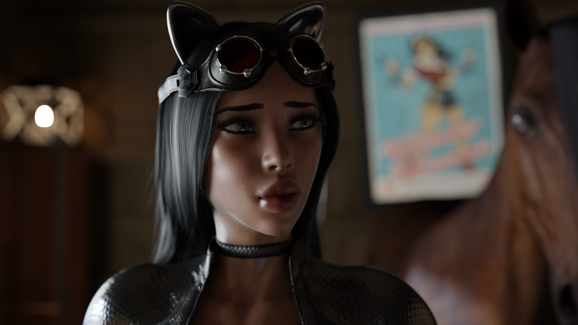 1girls, 3d, 3d (artwork), batman (series), bodysuit, catwoman, catwoman (jackerman), choker, concerned, dark hair, dc, dc comics, fear, female, female only, gloves, green eyes, horse, italian, jackerman, leather, plump lips, red lips, revealing clothes, selina kyle, solo, stable, tan skin, tight clothing, voluptuous, voluptuous female, worried, worried expression, zoophilia