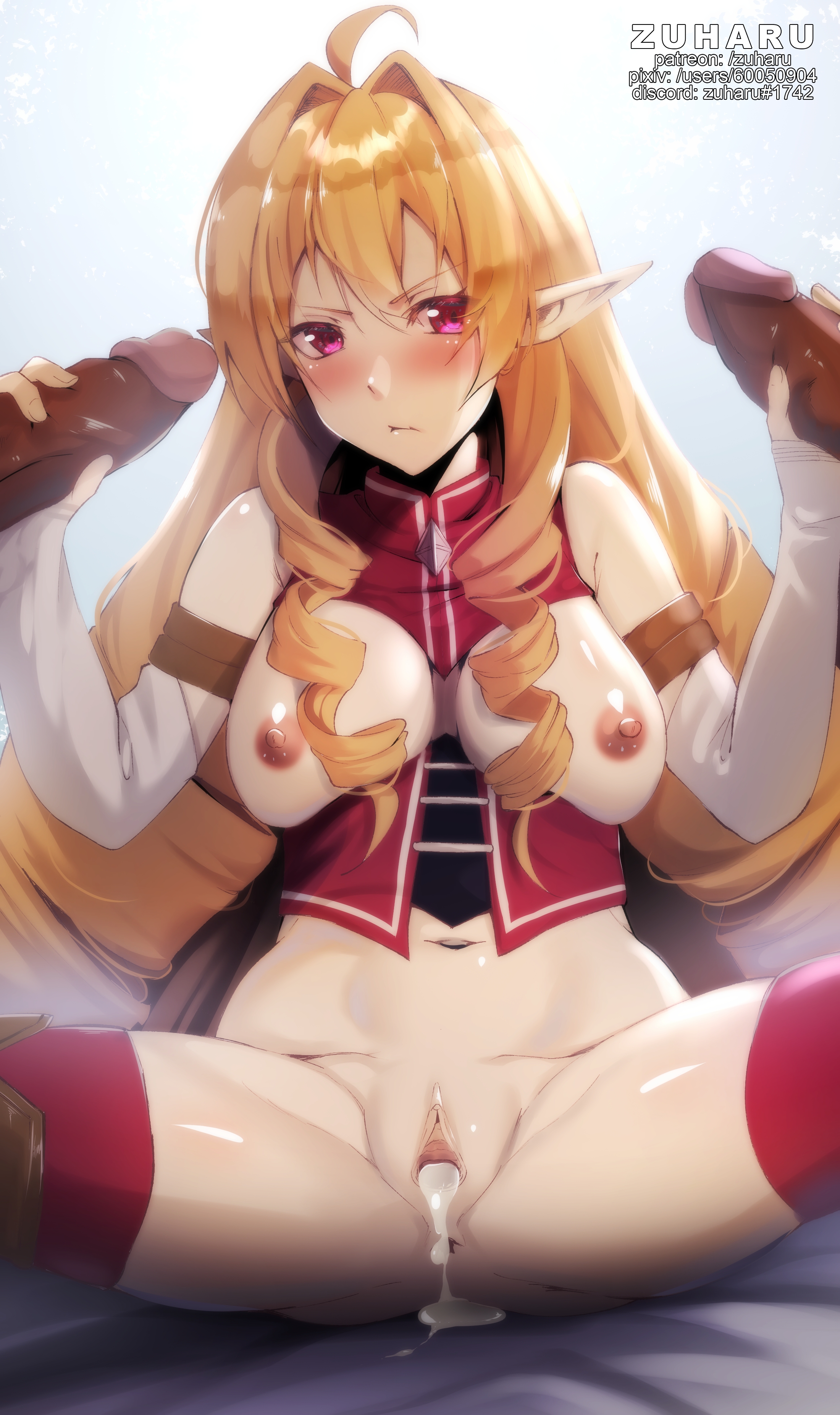 blonde hair, blush, breasts, cum in pussy, dark skin, dark-skinned male, elinalise dragonroad, female, interracial, male, mushoku tensei, penis, pov, pussy, zuharu