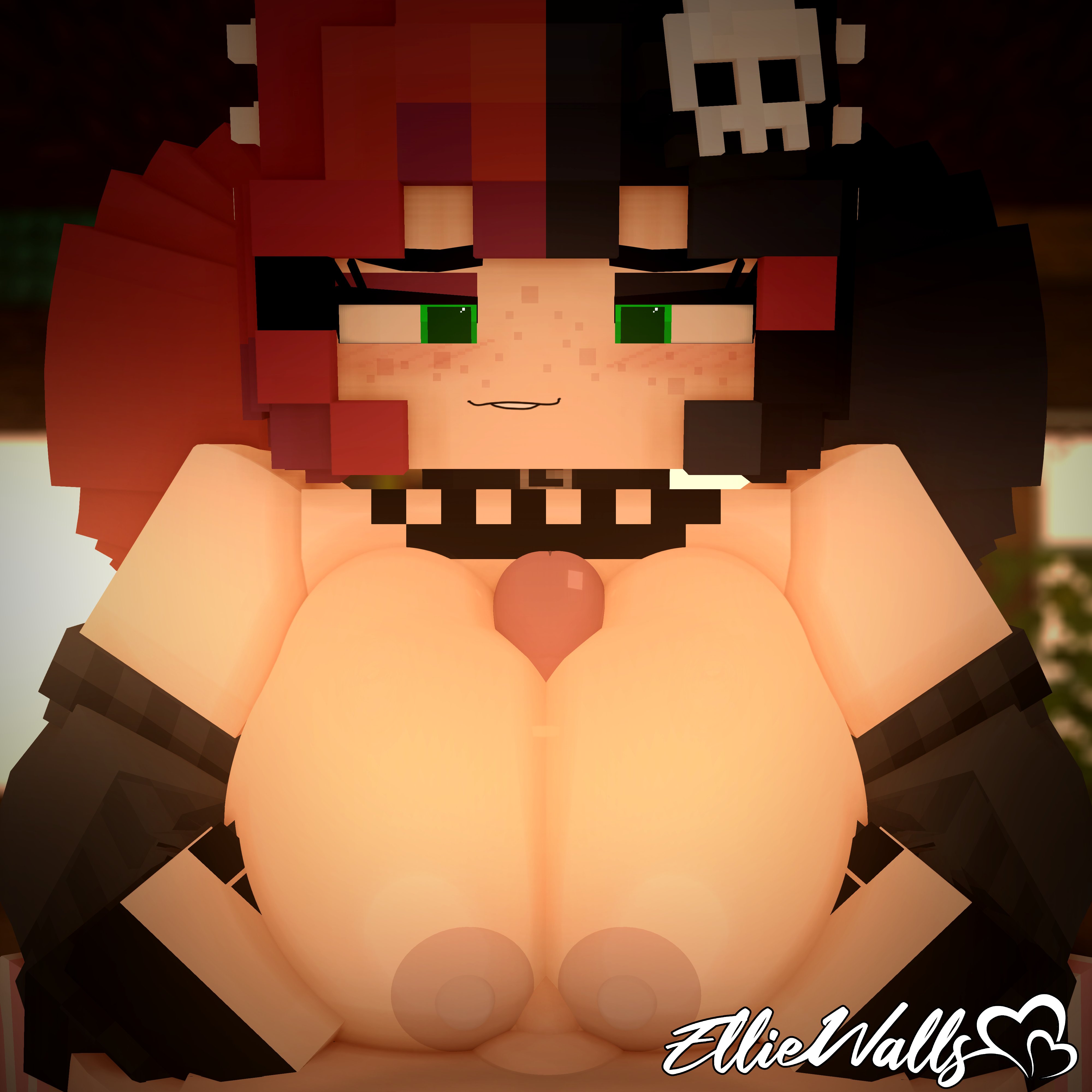 1boy, 1girls, 3d, black and red hair, blocky body, boobjob, boots, breasts, commission, ellie walls (odysseyellie), embrace, erect penis, erection, female, goth, goth girl, horny, horny female, human, humanoid, looking at another, looking at partner, looking at penis, looking at viewer, male, male/female, mine-imator, minecraft, model, multicolored hair, odysseyellie, outside, paizuri, penis, red eyes, sex, spiked hairband, tagme, video games