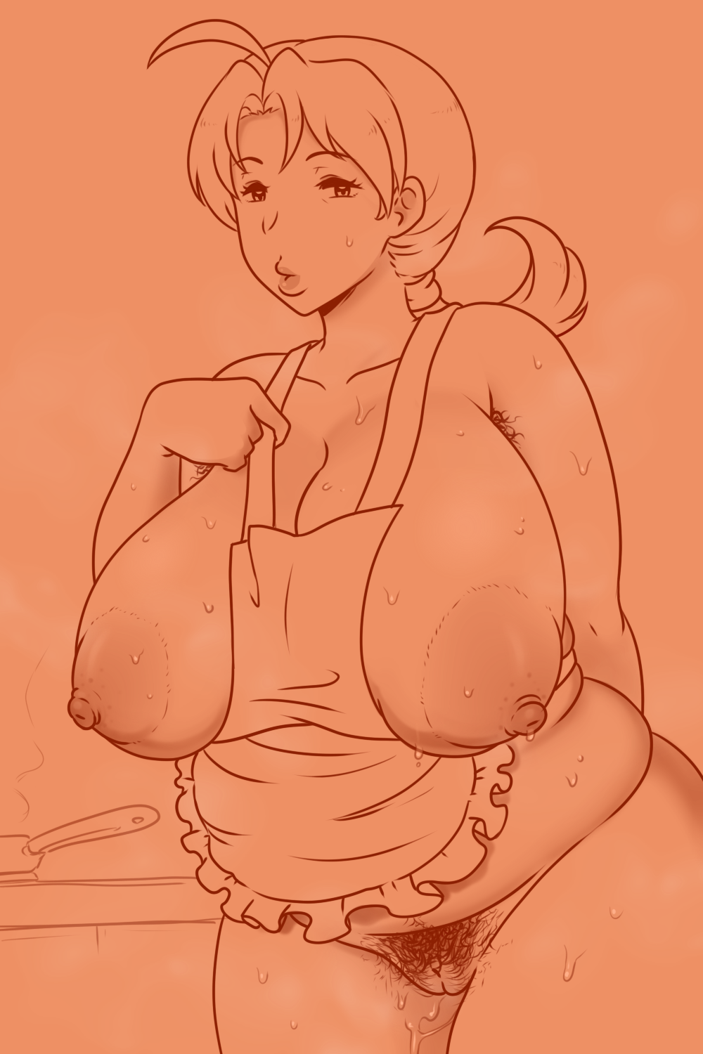 1girls alternate_version_available apron apron_only areolae arm_behind_back armpit_hair big_breasts big_nipples bodily_fluids bottomless breasts breasts_out cleavage collarbone cowboy_shot delia_ketchum_(pokemon) exposed_breasts eyebrows female female_only female_pubic_hair front_view functionally_nude genitals hair hairy hairy_armpits hairy_pussy hips huge_breasts human ineffective_clothing large_areolae large_breasts lips looking_at_viewer mammal mature mature_female milf monochrome mostly_nude naked_apron nintendo nipples orange_theme plump pokemilf pokemon pokemon_(anime) ponytail pubes pubic_hair pussy pussy_hair slightly_chubby solo solo_female solo_focus sweat sweaty tied_hair voluptuous wide_hips