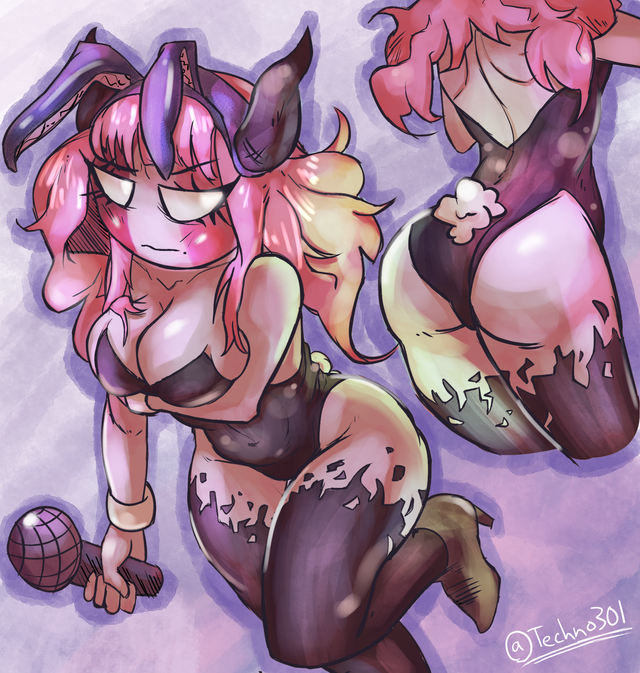 ass blush bunny_ears bunny_girl bunny_tail bunnysuit embarrassed female female_only friday_night_funkin gloves microphone mid_fight_masses pink_eyes pink_skin sarvente_(dokki.doodlez) stockings techno301 white_eyes