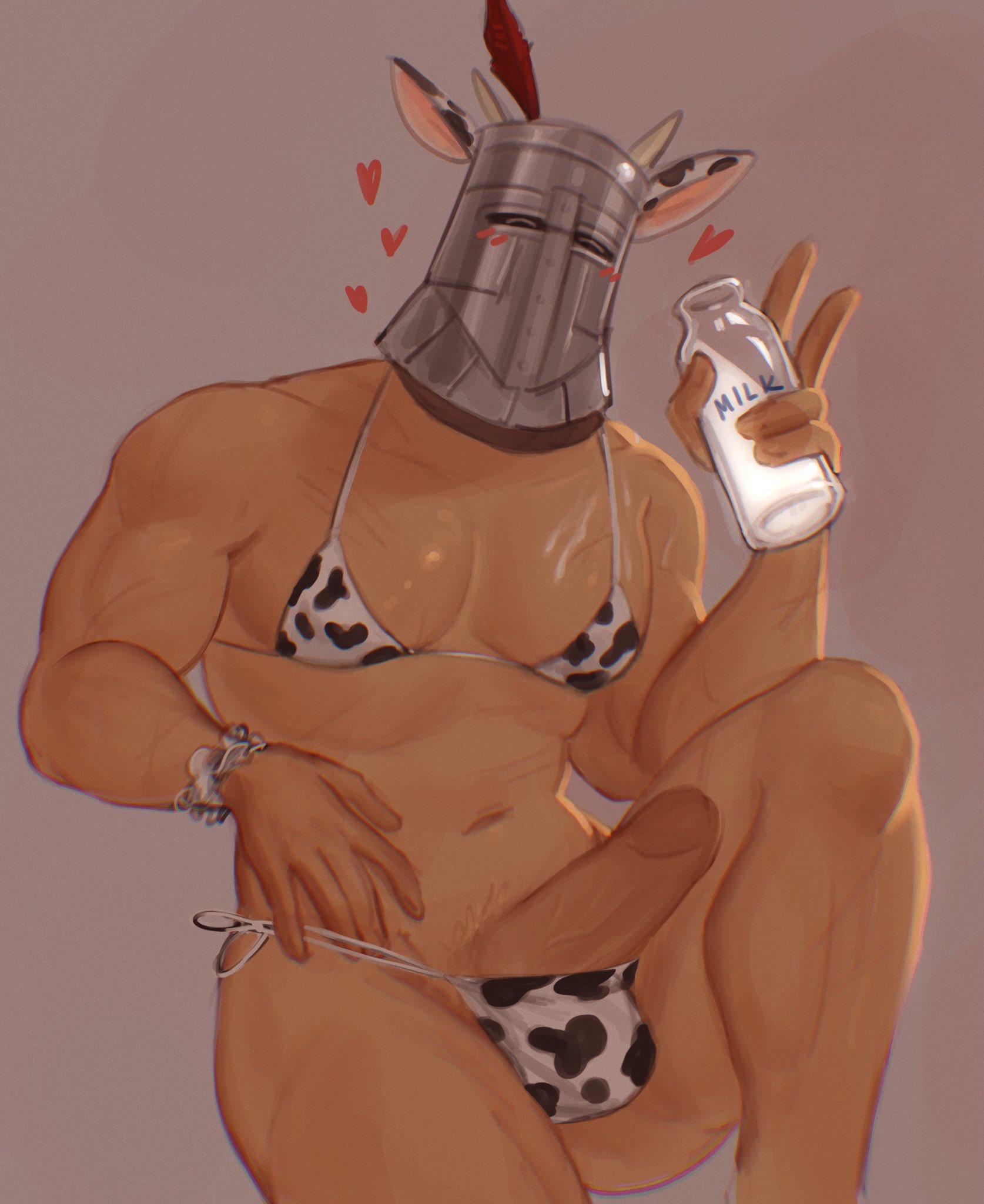 1boy, balls, balls in panties, balls under clothes, bikini, blush, cow bikini, cow ears, cow horns, cow print, crossdressing, dark souls, erect penis, erection, fromsoftware, helmet, imlooking, knight, male, male only, masculine crossdresser, masked, masked male, milk, muscular, muscular male, penis, solaire of astora, solo, swimsuit, uncensored, veiny penis