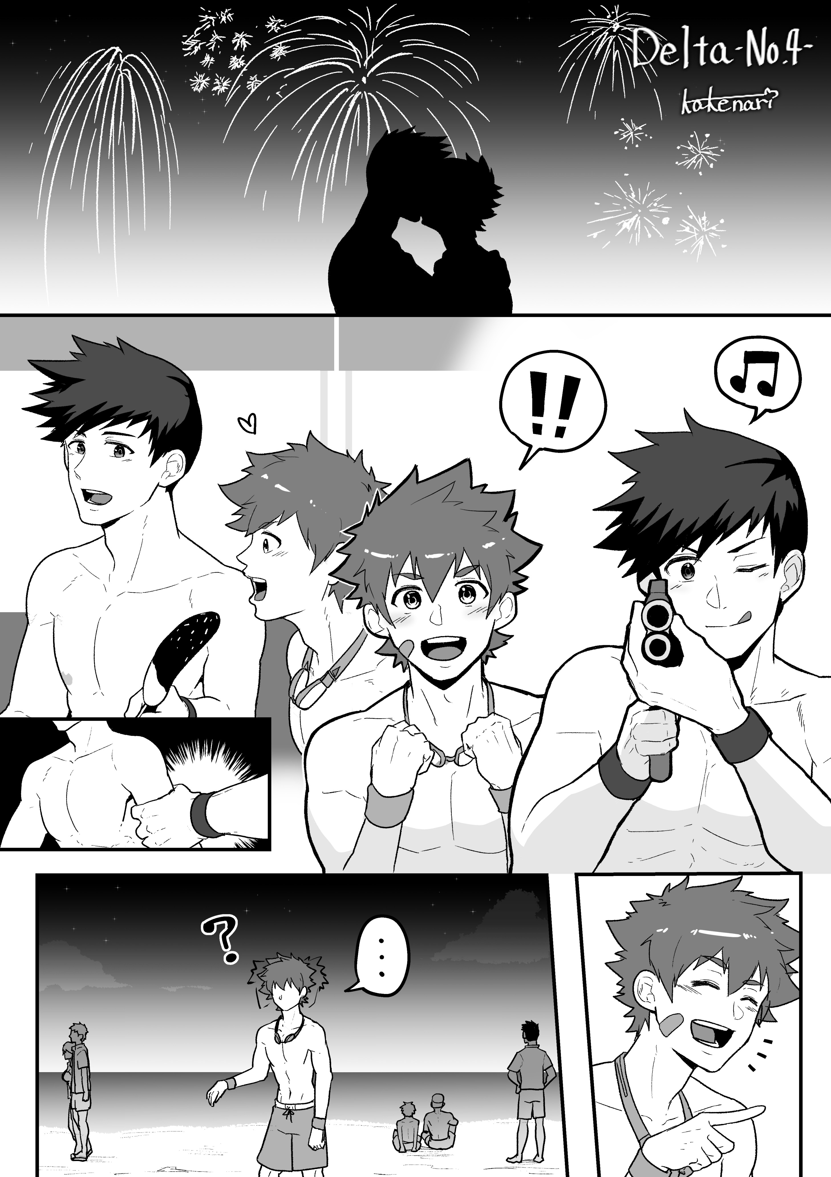 2boys, blush, camp buddy, closed eyes, couple, fireworks, gay, heart, hi res, kakenari, keitaro nagame, kissing, male, male focus, male only, male/male, natsumi hamasaki, open mouth, silhouette, sketch, smile, smiling, twink, yaoi