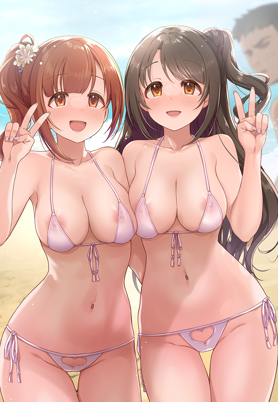 1boy 2girls :d areolae bangs bare_shoulders bikini black_hair blush breasts brown_eyes brown_hair cleavage collarbone commentary_request cowboy_shot day eyebrows_visible_through_hair female front-tie_bikini front-tie_top hand_up highres idolmaster idolmaster_cinderella_girls igarashi_kyouko large_breasts long_hair looking_at_viewer mk_(mod0) multiple_girls navel nipples one_side_up open_mouth outdoors pink_bikini see-through shimamura_uzuki side-tie_bikini side_ponytail smile swimsuit v