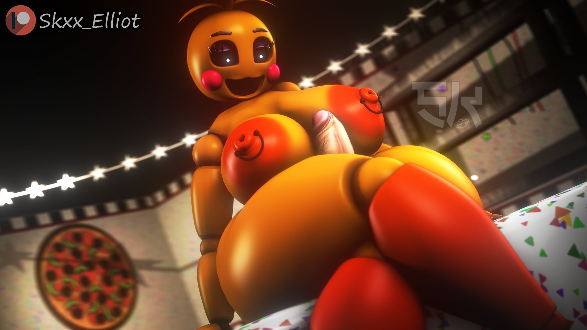 3d, animatronic, anthro, areola, avian, big areola, big breasts, bird, breasts, chicken, eyelashes, female, female focus, five nights at freddy's, five nights at freddy's 2, galliform, gallus (genus), genitals, hi res, huge toy chica, human, machine, male, male/female, nipples, penis, phasianid, robot, runaboo chica, scottgames, skxx elliot, solo focus, text, thick thighs, toy chica (fnaf), video games, yellow body
