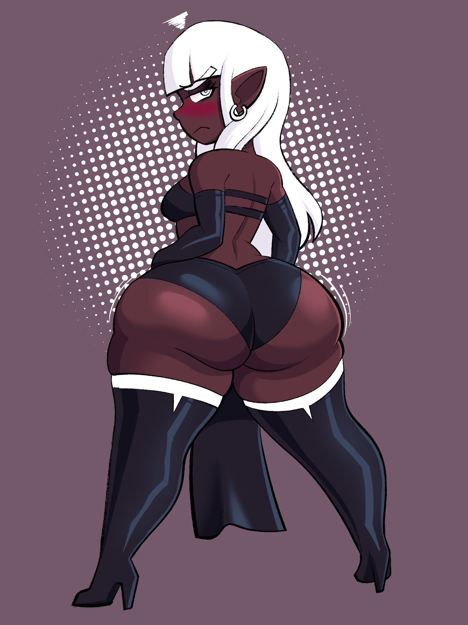 1girls, abstract background, angry, annoyed, ass, ass focus, back view, big ass, blush, breasts, clothed, clothed female, clothing, cobatsart, dark skin, dark-skinned female, earrings, elbow gloves, embarrassed, female, female only, final fantasy, final fantasy xiv, gloves, grey eyes, hand on hip, high heel boots, high heels, lalafell, latex boots, latex gloves, long hair, looking at viewer, looking back, mary muffin (cobatsart), panties, pointy ears, shortstack, small breasts, solo, solo female, standing, thick thighs, thigh boots, thighhigh boots, tight clothing, white hair, wide hips