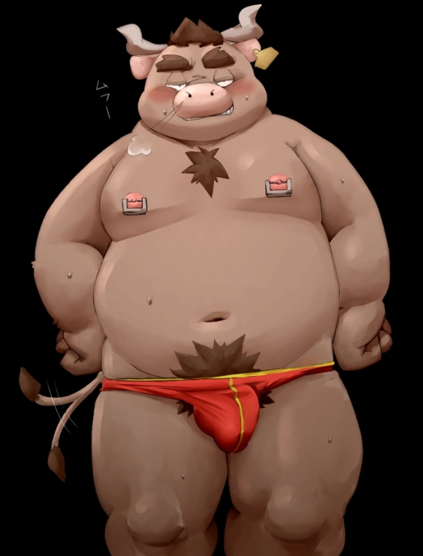 2022 anthro belly black_background blush bovid bovine brown_body bulge cattle clothing horn humanoid_hands kemono male mammal meg_hoi moobs navel nipples overweight overweight_male simple_background solo tail_motion tailwag underwear