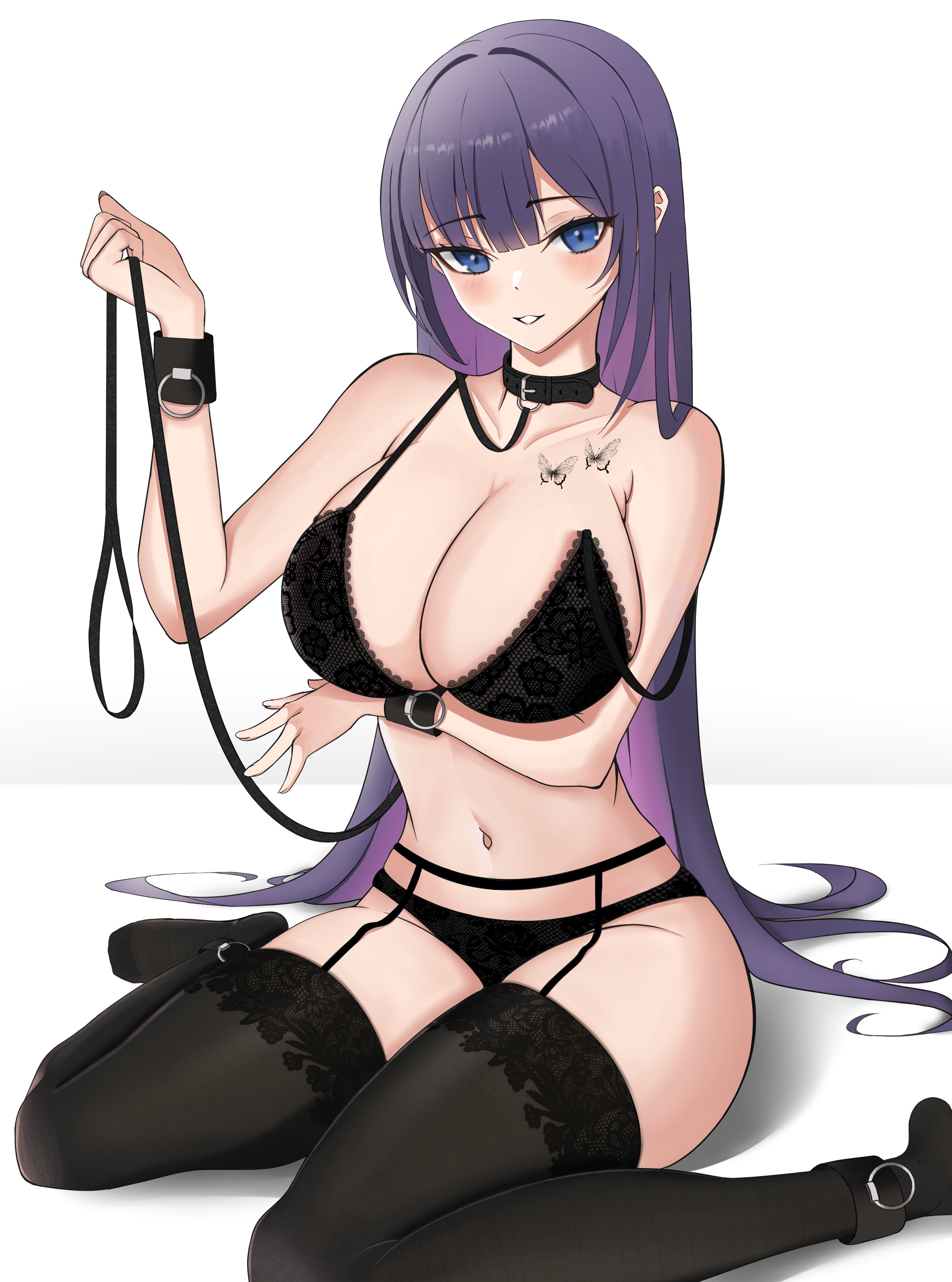 1girls, 2022, black bra, black panties, blue eyes, bra, breast tattoo, breasts, butterfly, butterfly tattoo, collar, diemith, female, female only, femsub, garter straps, happy sub, hi res, hips, holding own leash, huge breasts, kneeling, lace-trimmed bra, lace-trimmed thighhighs, leash, lingerie, long hair, looking at viewer, original, original character, panties, purple hair, simple background, slim waist, smile, suggestive look, tattoo, thick thighs, thighhighs, thighs, white background, wide hips, yuna (biya)