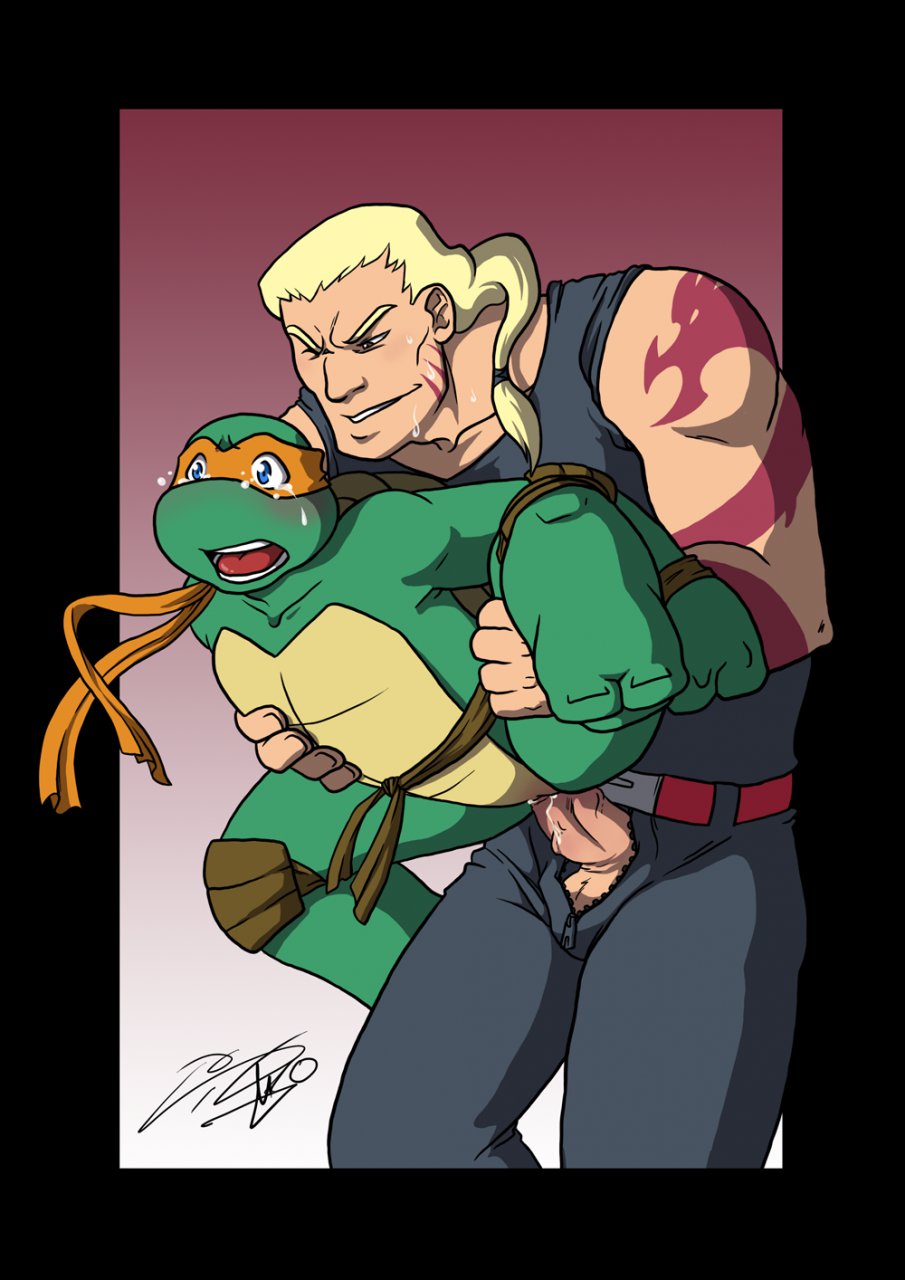 2010 anthro beige_skin blonde_hair blush bound clothes color female green_skin hair human hun_(tmnt) interspecies male michelangelo open_mouth rockgaara rule_63 sex tattoo teenage_mutant_ninja_turtles turtle