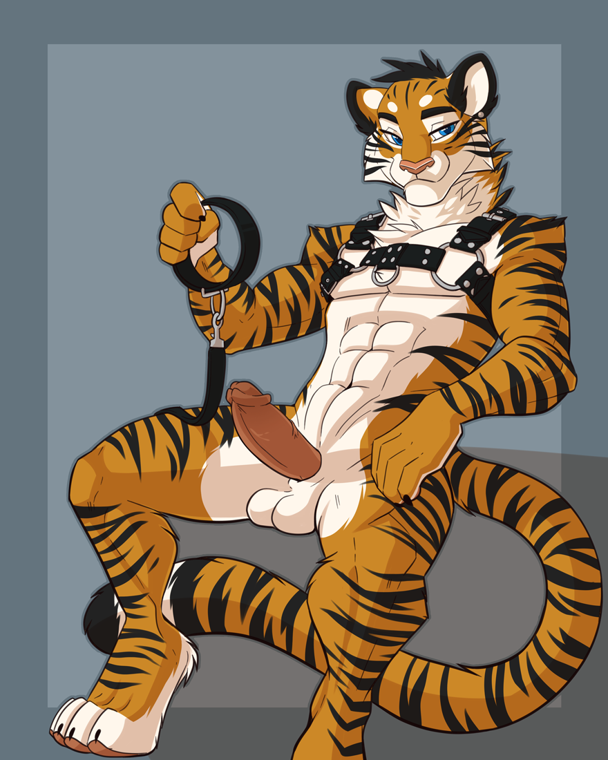 anthro balls bulldog_harness casparr collar erection feline karnal leash leather looking_at_viewer male male_only mammal muscular nude penis pinup pose smile smirk solo tiger