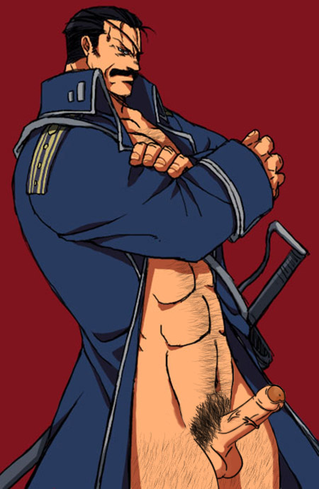 abs black_hair clothes color crossed_arms erection facial_hair fullmetal_alchemist hair homunculus king_bradley male male_only moustache open_clothes penis side_view solo standing sword testicles weapon