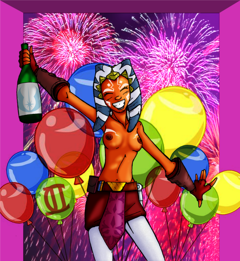 ahsoka_tano alcohol balloon bottle breasts cahjemornay clone_wars closed_eyes drunk female female_only fireworks happy jedi jedi_padawan new_year nipples orange_skin partially_clothed raikoh-illust shirtless smile smiling solo standing star_wars the_clone_wars:_season_one togruta topless