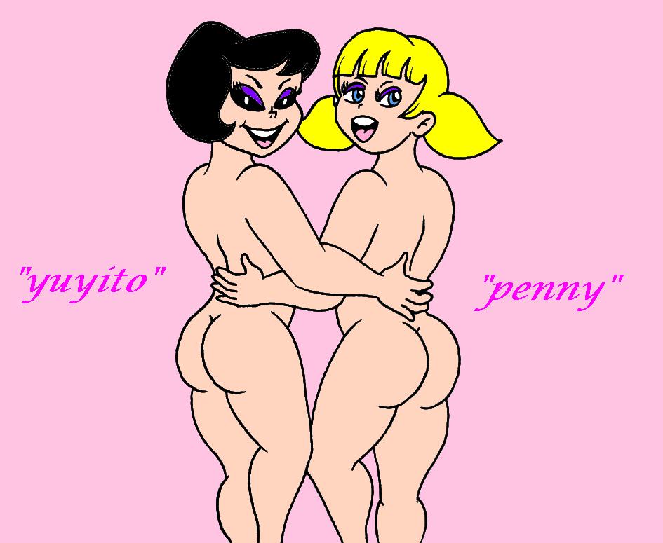 2girls ass back black_hair blonde_hair blue_eyes condorito_(series) crossover english_text feet_out_of_frame female female_focus female_only hand_on_back inspector_gadget loenror looking_back multiple_girls nude nude_female penny_gadget pepo_(copyright) pink_background short_hair smile smooth_skin straight_hair text yuyito