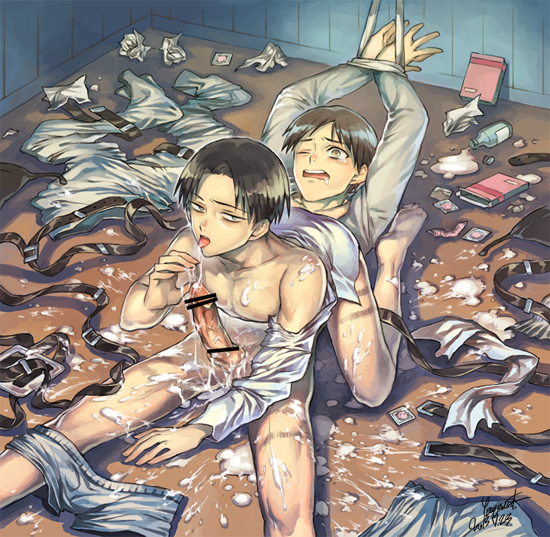 2boys, 69, attack on titan, black hair, bondage, bound, bound wrists, brown hair, censored, condoms, cum, cum everywhere, cum on body, cum on upper body, duo, erection, eren jaeger, gagharv992, gay, hair, levi ackerman, male, male only, male/male, maledom, malesub, one eye closed, oral, partially undressed, penis, restrained, saliva, saliva trail, shingeki no kyojin, tied up, yaoi