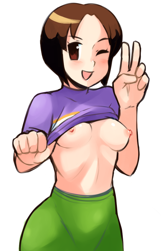 1girls blush breasts brown_hair capcom green_skirt haruka_hikari long_skirt mega_man mega_man_battle_network milf nipples peace_sign pie_(artist) rockman rockman_exe shirt_lift short_hair wink