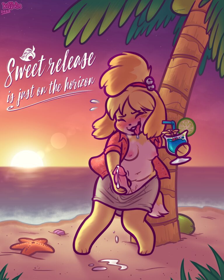 animal_crossing anthro beach clothed cum dog drunk futanari isabelle_(animal_crossing) keffotin masturbation nintendo palm_tree penis public_masturbation sand solo sunset